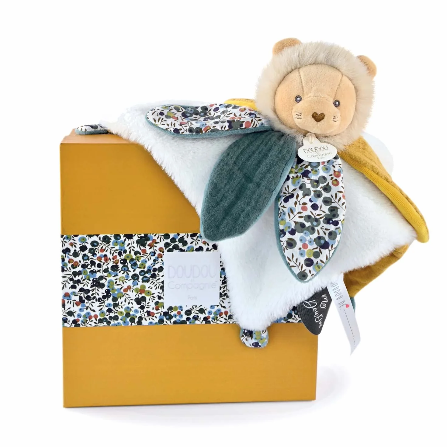DOUDOU ET COMPAGNIE Doudou Lion Jaune Pétales Boîte Cadeau 27 Cm Collection Boh'aime Idée Cadeau Naissance Fille Garçon