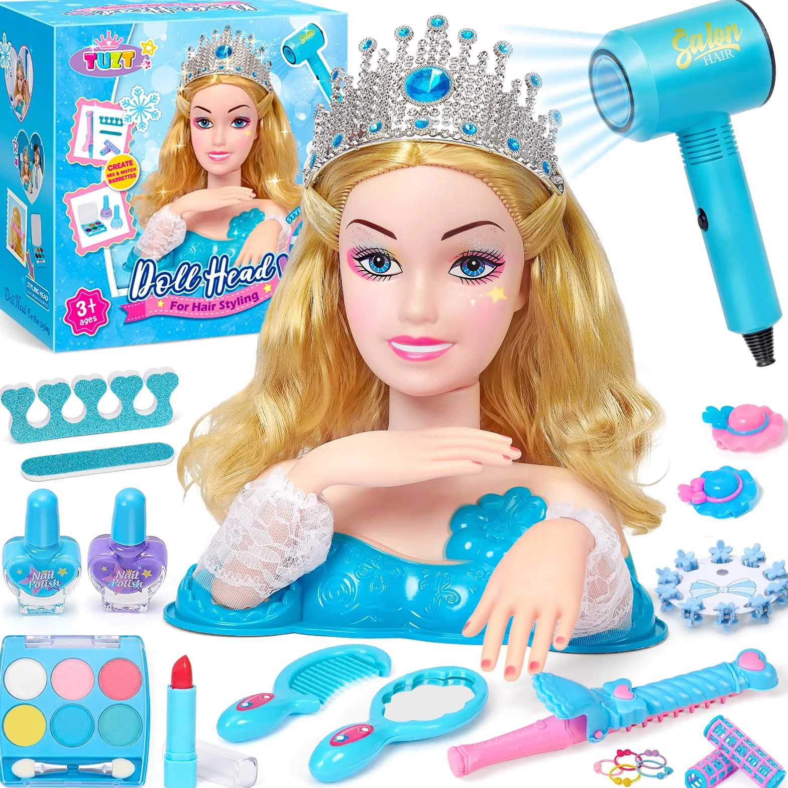 Vamei Tête à Coiffer Enfant 3-8 Ans avec Sèche-Cheveux & Maquillage, 20+ Accessoires Coiffure, Jouet Fille Salon de Beauté