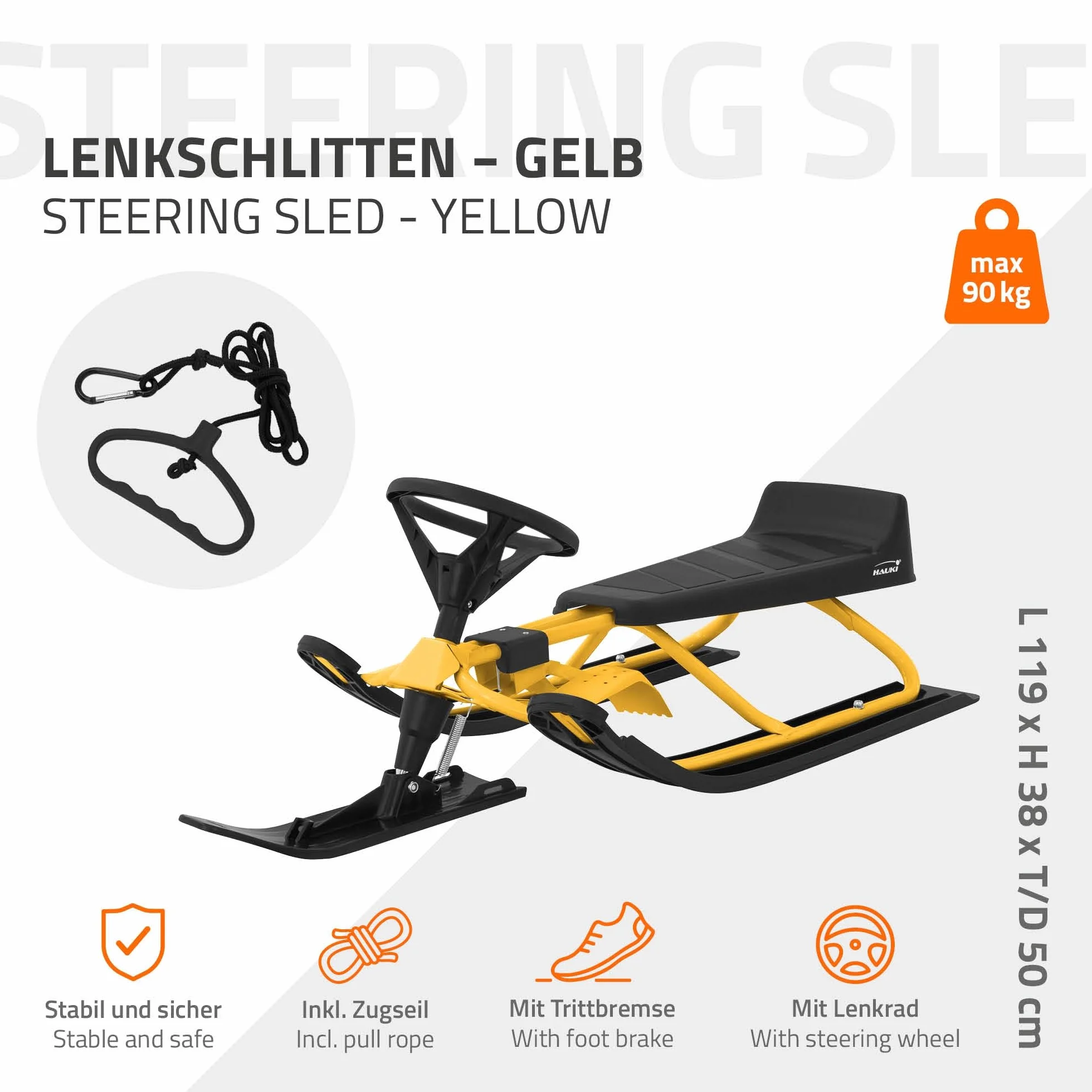 ECD Germany Lenkschlitten, Kinderschlitten Rodel AB 5 Jahre, Skibob für Kinder und Erwachsene BIS 90 kg, Schlitten mit Lenkrad, Fußbremse, Zugseil, Sitz mit Rückenlehne, Stahlrahmen, 119 x 38 x 50 cm
