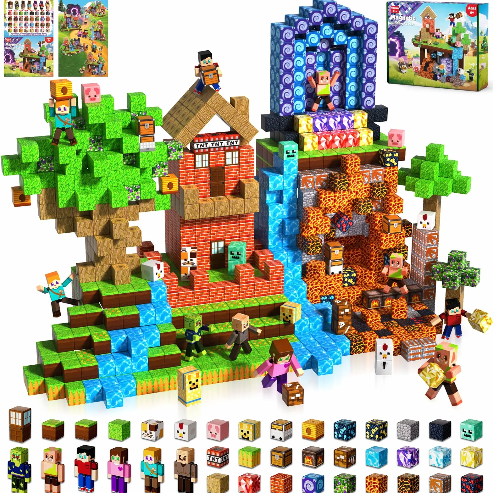 Magneverse Construction Magnétique Enfant 210 Pièces 6 Figurines Jeu de Construction Éducatif Cadeau 6-12 Ans