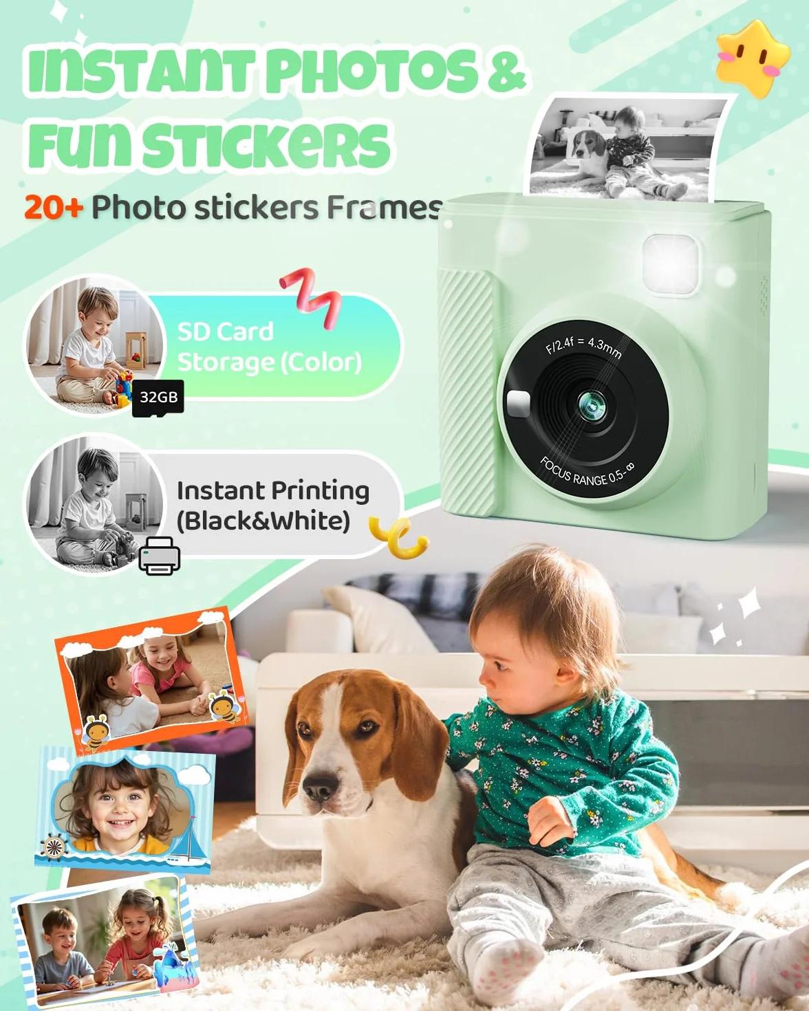 TIATUA Appareil Photo Instantané Enfants 1080P Numérique avec Carte 32GB et Papier d'Impression, Cadeau 3-12 Ans
