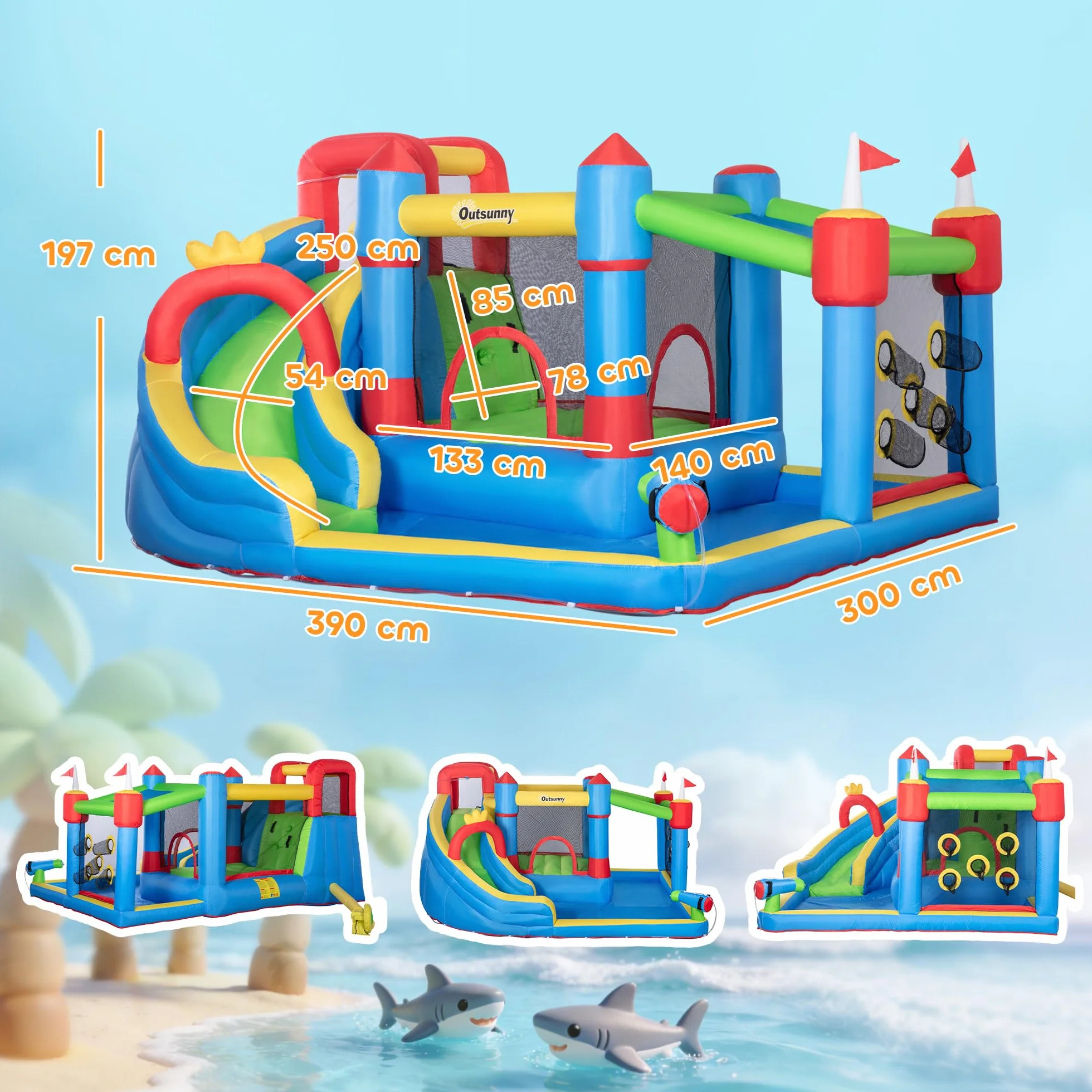 Outsunny Château Gonflable 6 en 1 Aire de Jeux avec Toboggan Trampoline Piscines 390 x 300 x 197 cm Multicolore