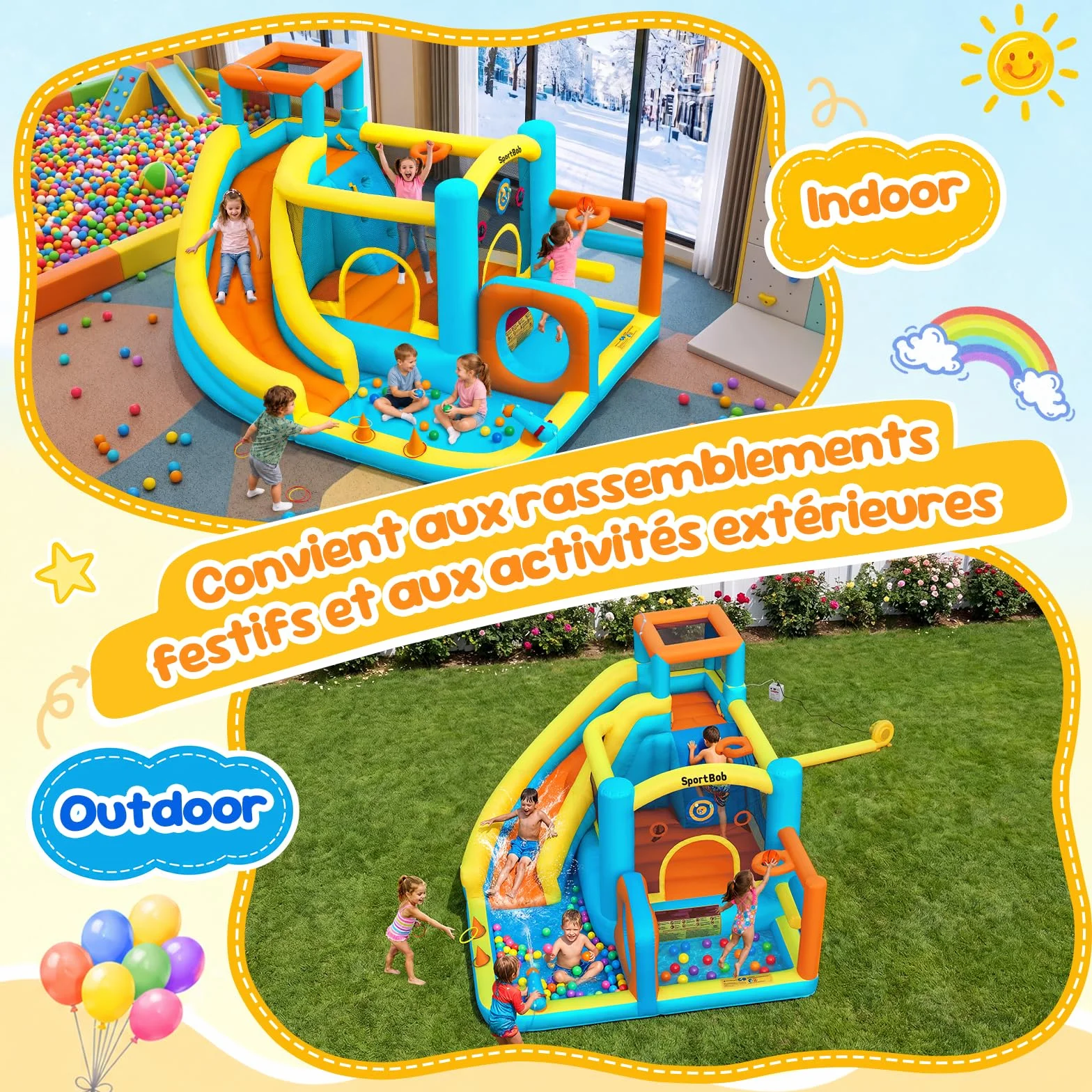 Château Gonflable avec Toboggan Aquatique, Piscine à Balles, Mur d'escalade, Souffleur Inclus, Intérieur/Extérieur