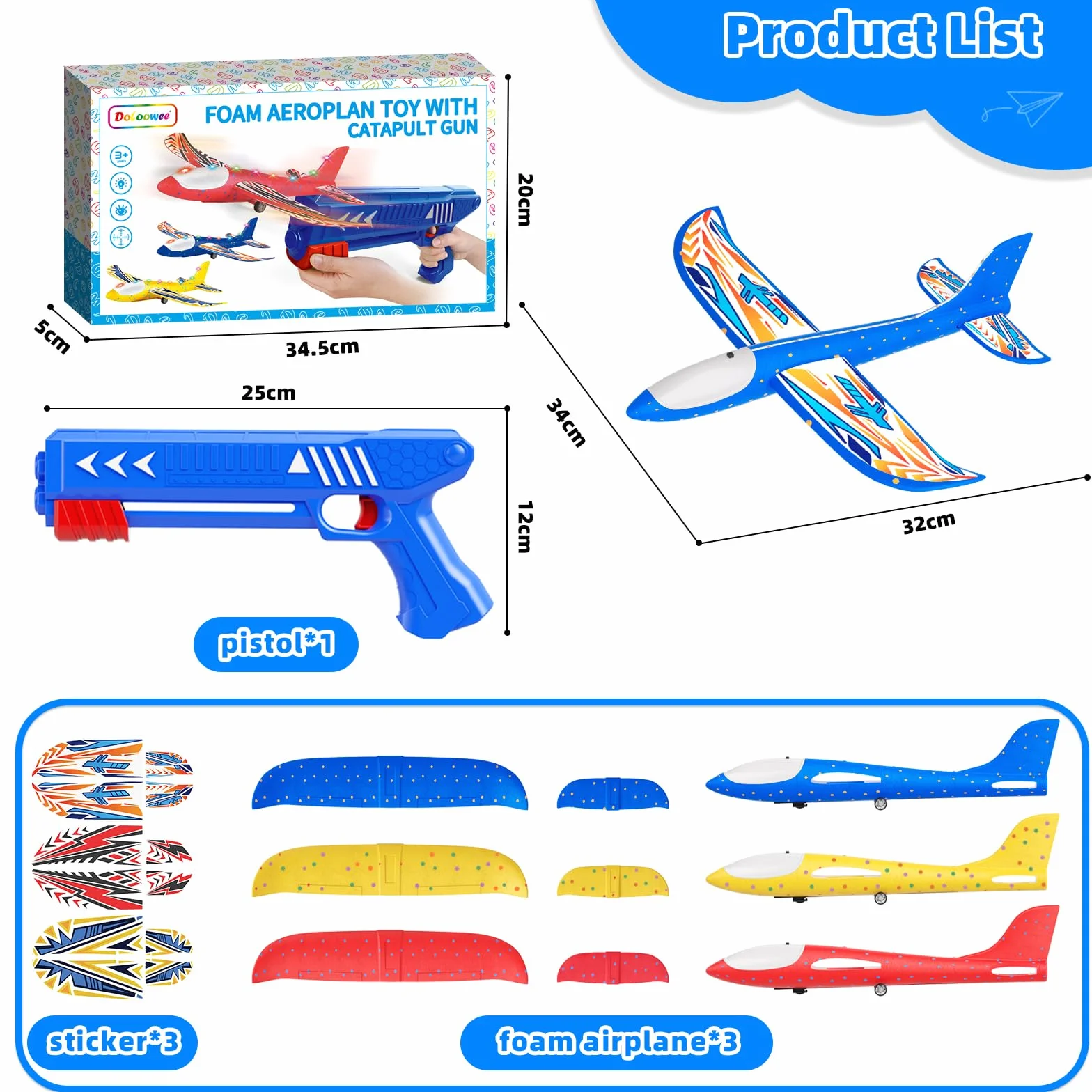 Doloowee 3 Avions Planeurs en Mousse, 2 Modes de vol, Jouets Volants d'extérieur avec Pistolet catapulte, Cadeaux pour Enfants 4-12 Ans