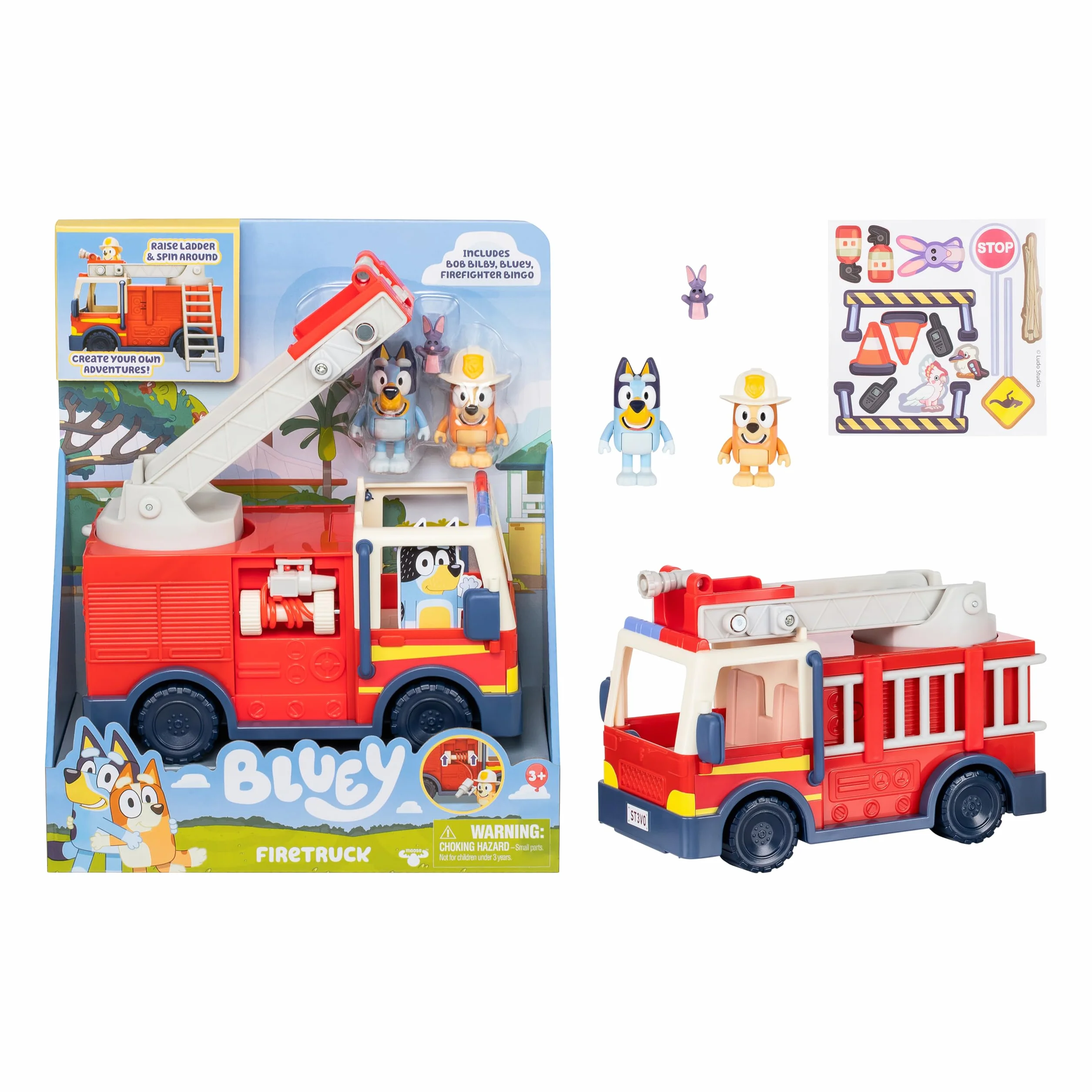 BlueY Camion de Pompier avec Figurines Bingo et Bob Bilby, Échelle Pivotante et Lance