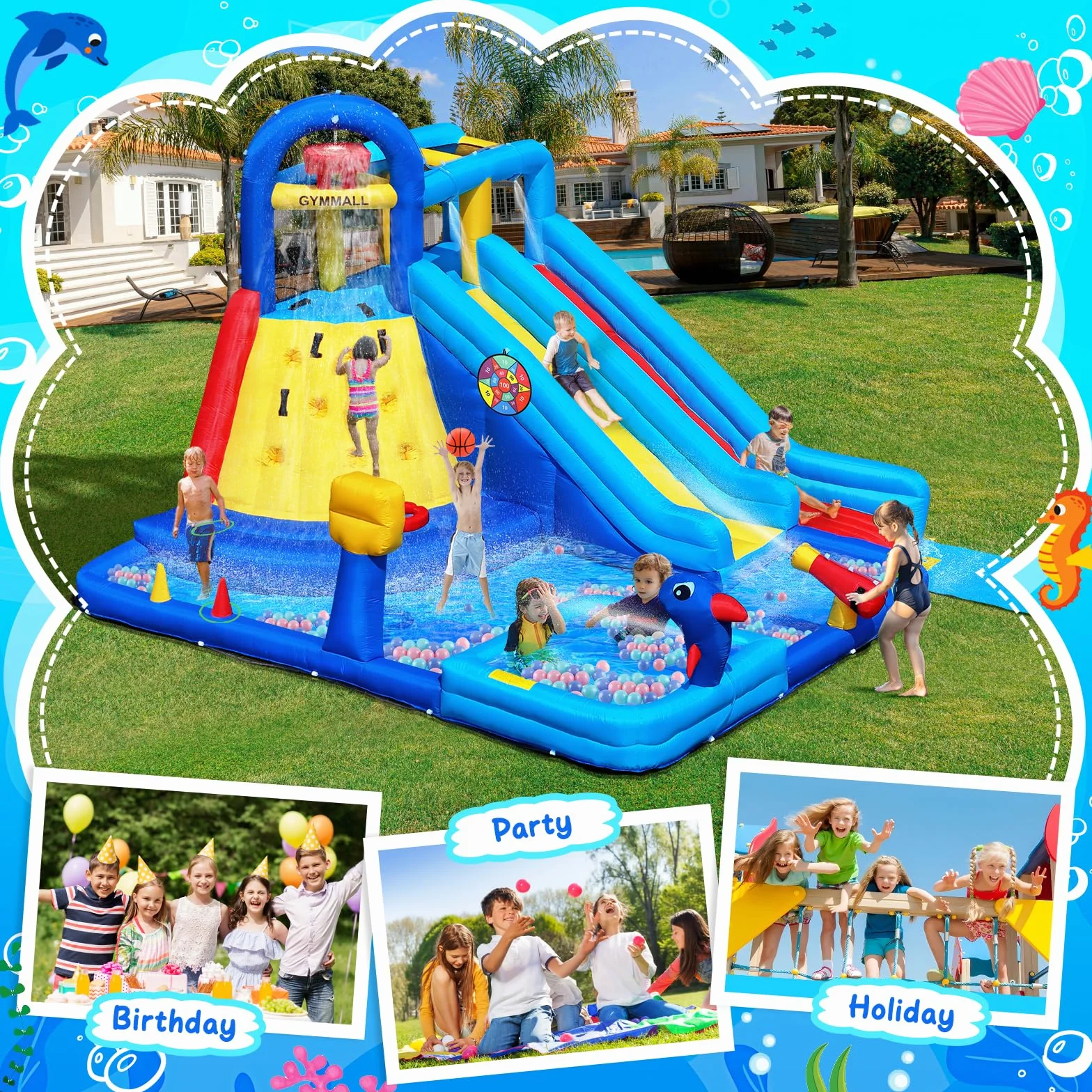 GYMMAL Château Gonflable avec Mur d'escalade, Double Toboggan et Piscine 4x3,6x2,6m