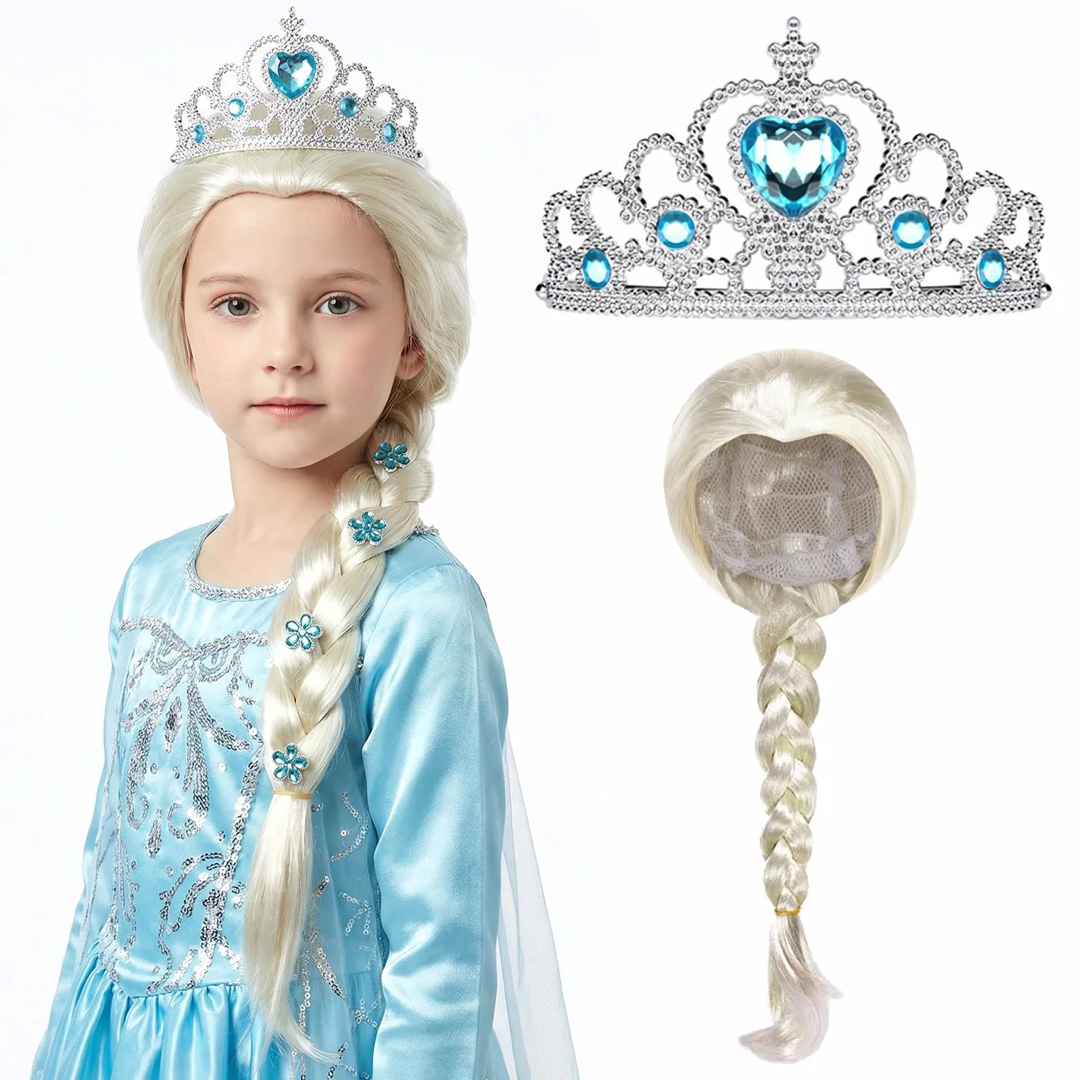 Perruque Princesse Enfant Fille Accessoires Déguisement Couronne Cosplay Carnaval Halloween