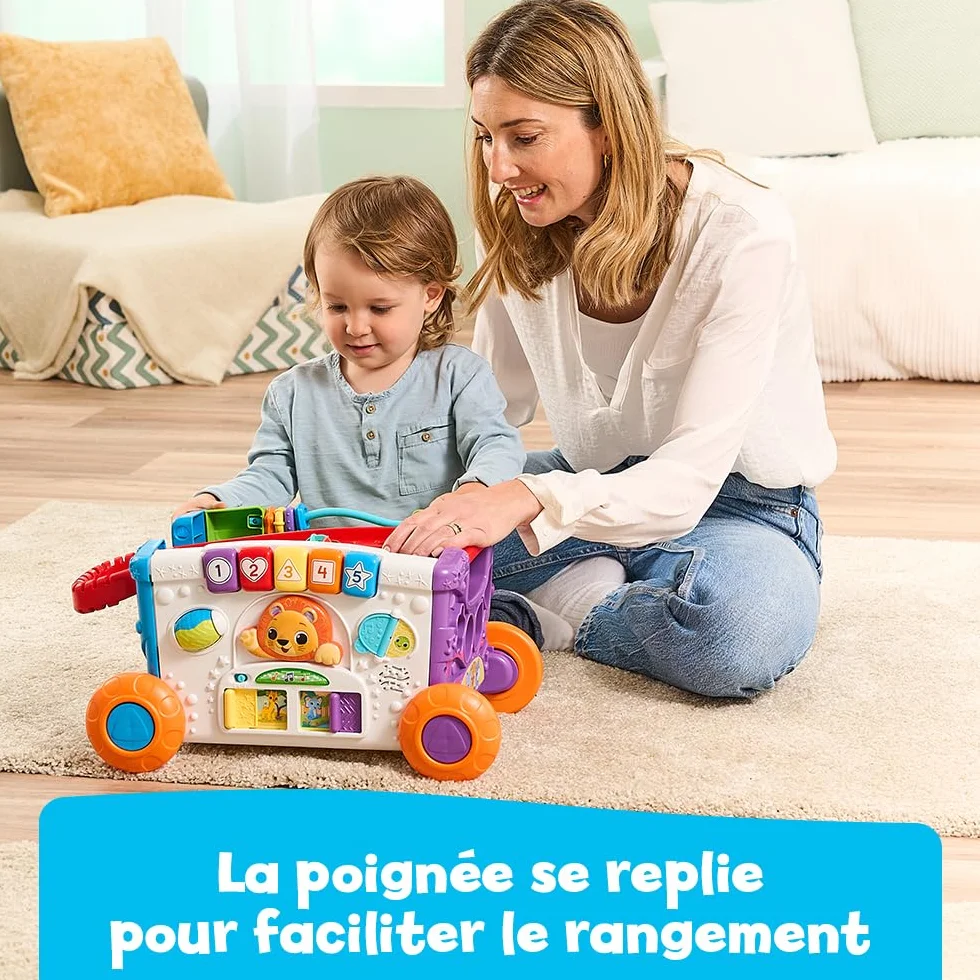 VTech Super Chariot Interactif Multi-Activités, Chariot Enfant à Tirer avec Trieur de Formes, Jeux d’Éveil, Bac à Jouets Musical, Cadeau Bébé 1 an