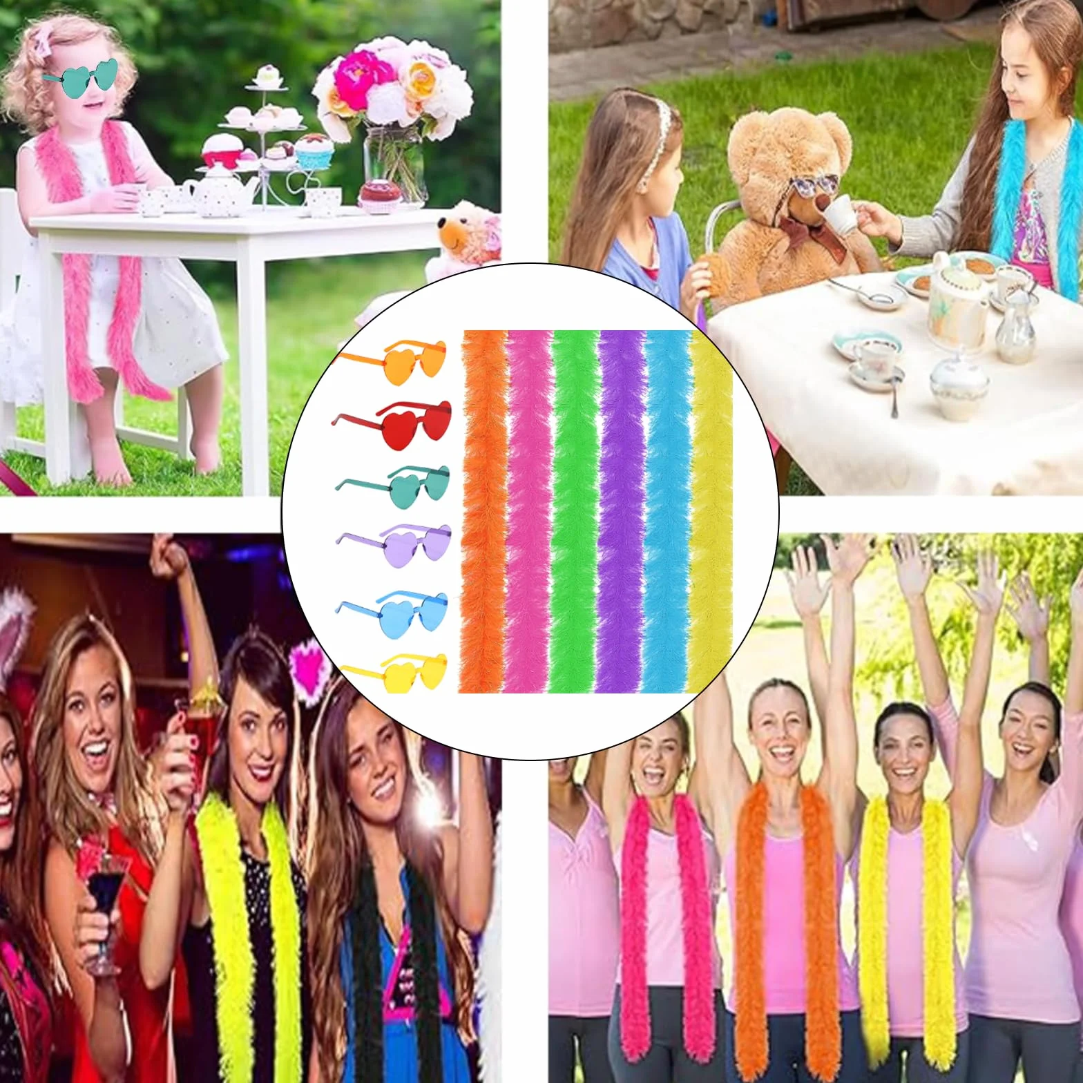 Lot de 12 Boas en Plumes Colorées 6.6ft avec Lunettes de Soleil Sans Cadre pour Femme Cosplay Halloween