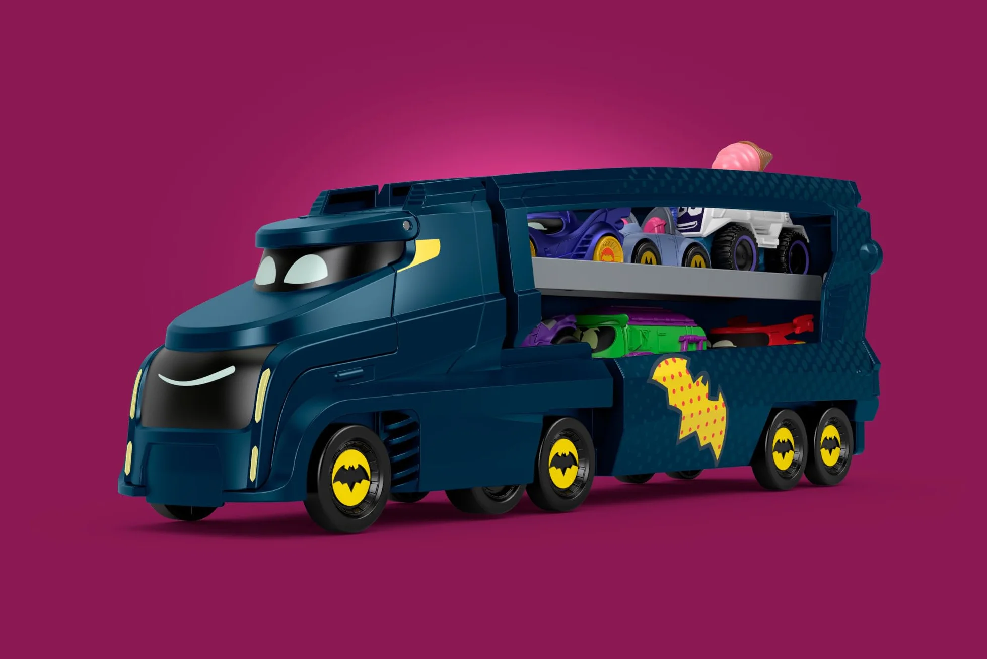 Fisher-Price Camion Transporteur Bat-Camion Batwheels DC Rampe Remorque 7 Véhicules Échelle 1/55 Jouet Enfant 3 Ans HMX07