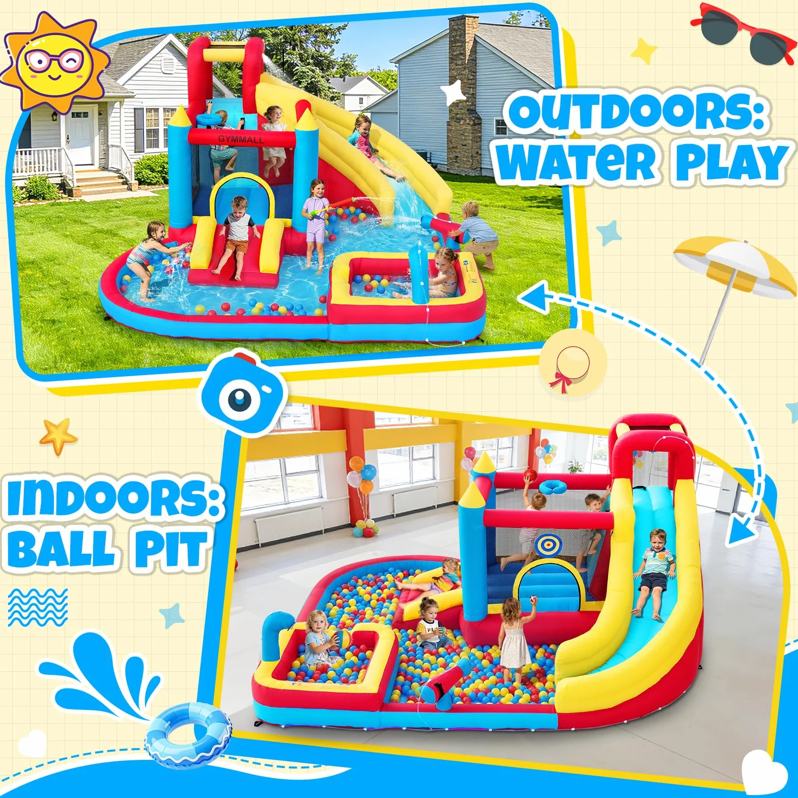 Château Gonflable pour Enfants 8-en-1 avec Souffleur 480W, Toboggan, Mur d'escalade, Trampoline et Pataugeoire