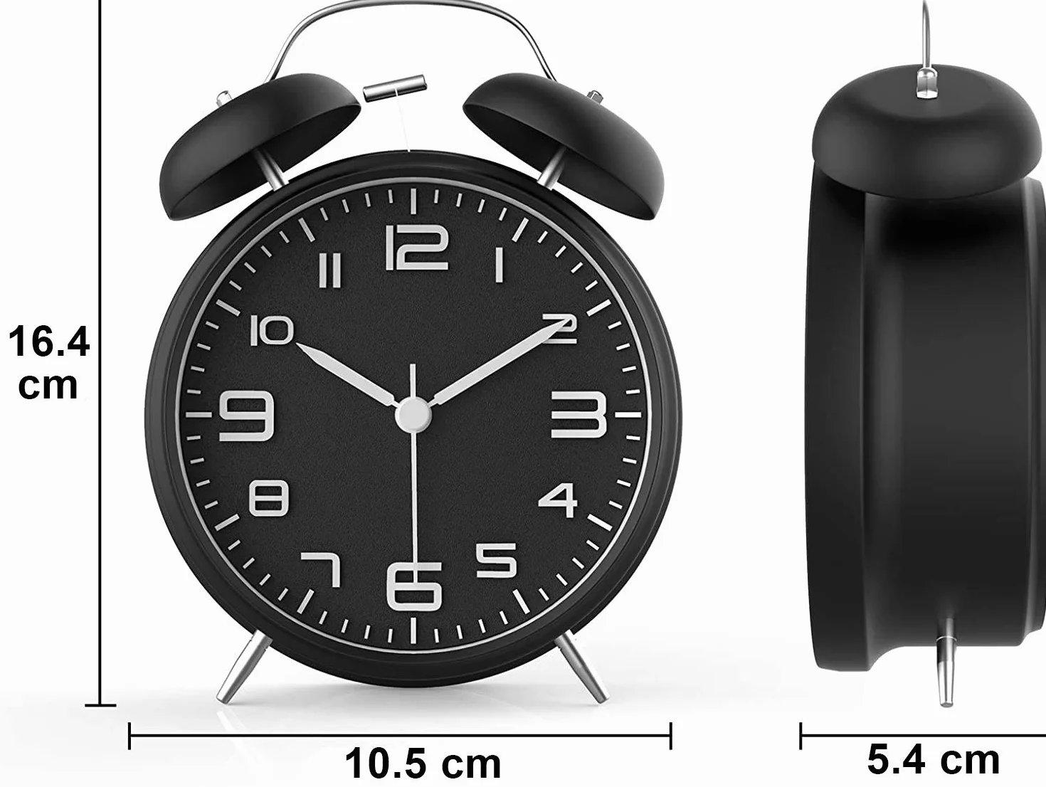 Reveil Vintage Double Cloche avec Veilleuse - Analogique, Grand Cadran 16 cm, Silencieux sans Tic-Tac (Noir)