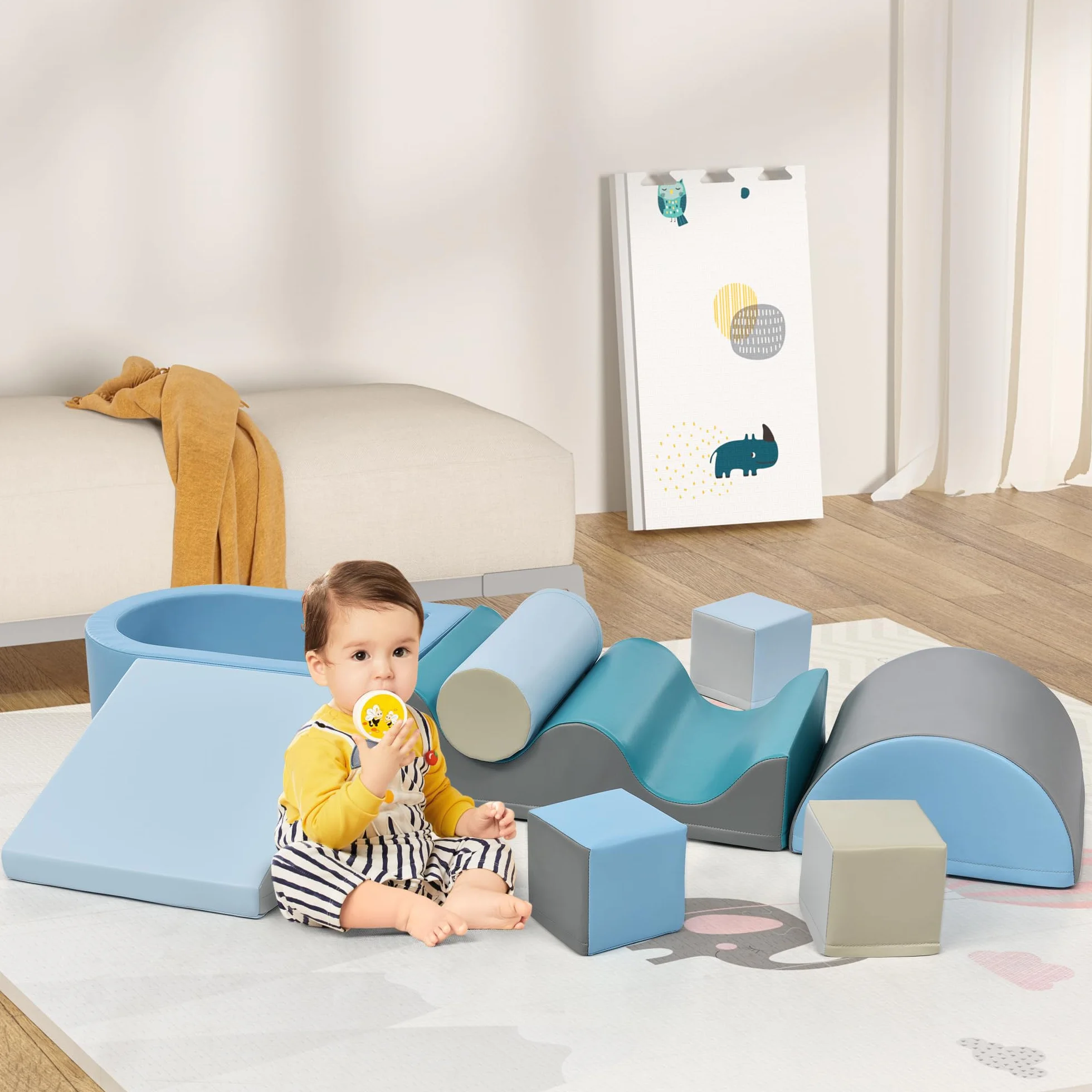 Parcours Motricité Bébé 6 Blocs Mousse Modulables Grimper Glisser Ramper Jouet Éveil Sensoriel Bleu 60x50x40