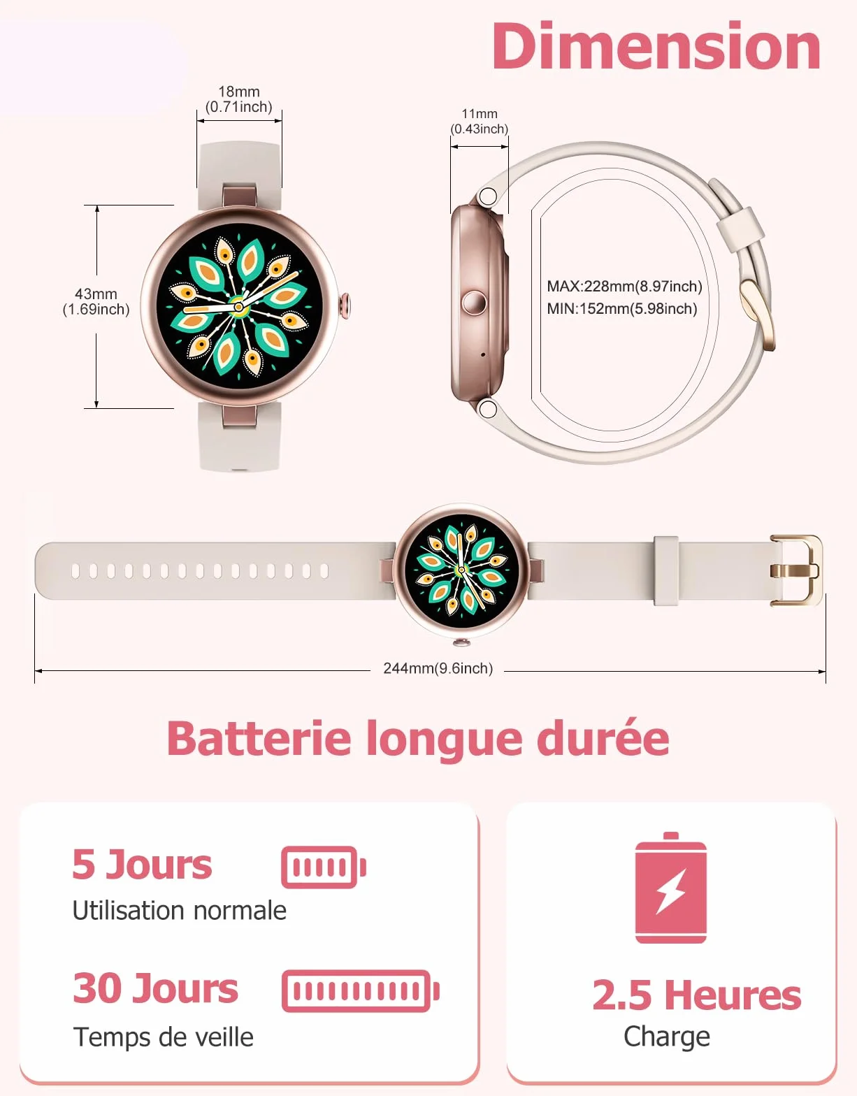 Montre Connectée Femme Ronde Petite Smartwatch avec Appel Bluetooth Cardiofrequencemetre Oxymetre IP68 pour Android iOS