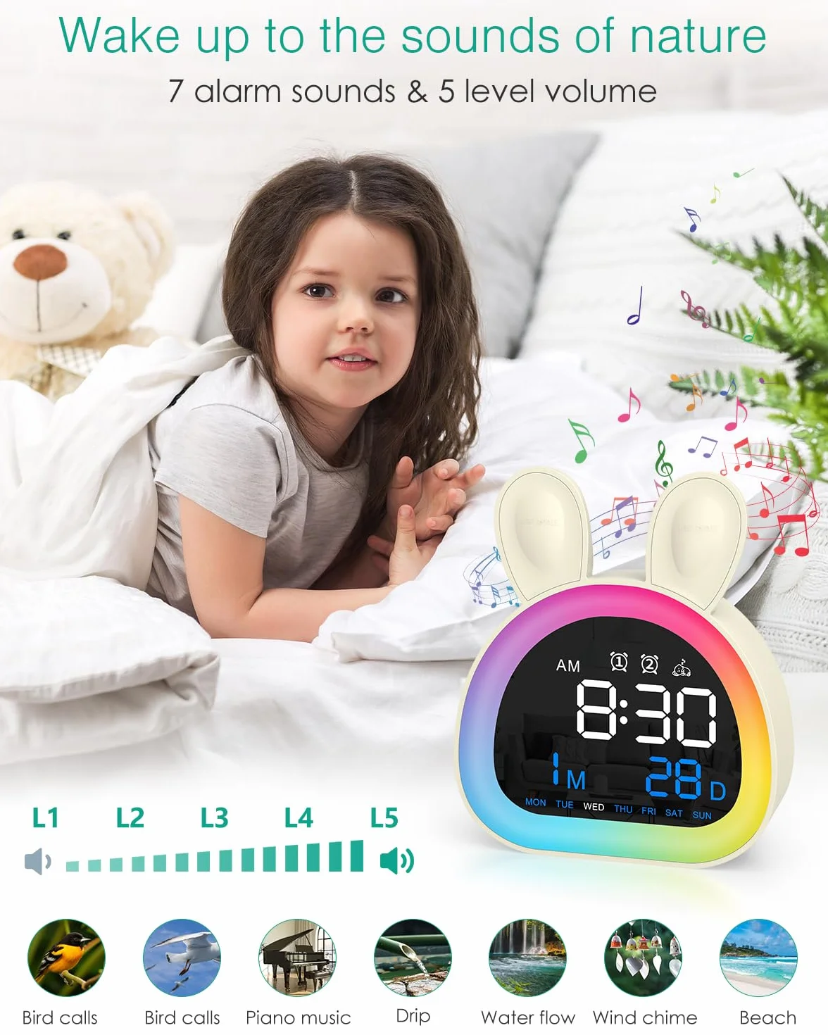 ORIA Réveil Numérique Enfant avec Veilleuse Multicolore, Bluetooth, Sons Naturels, 5 Niveaux Luminosité