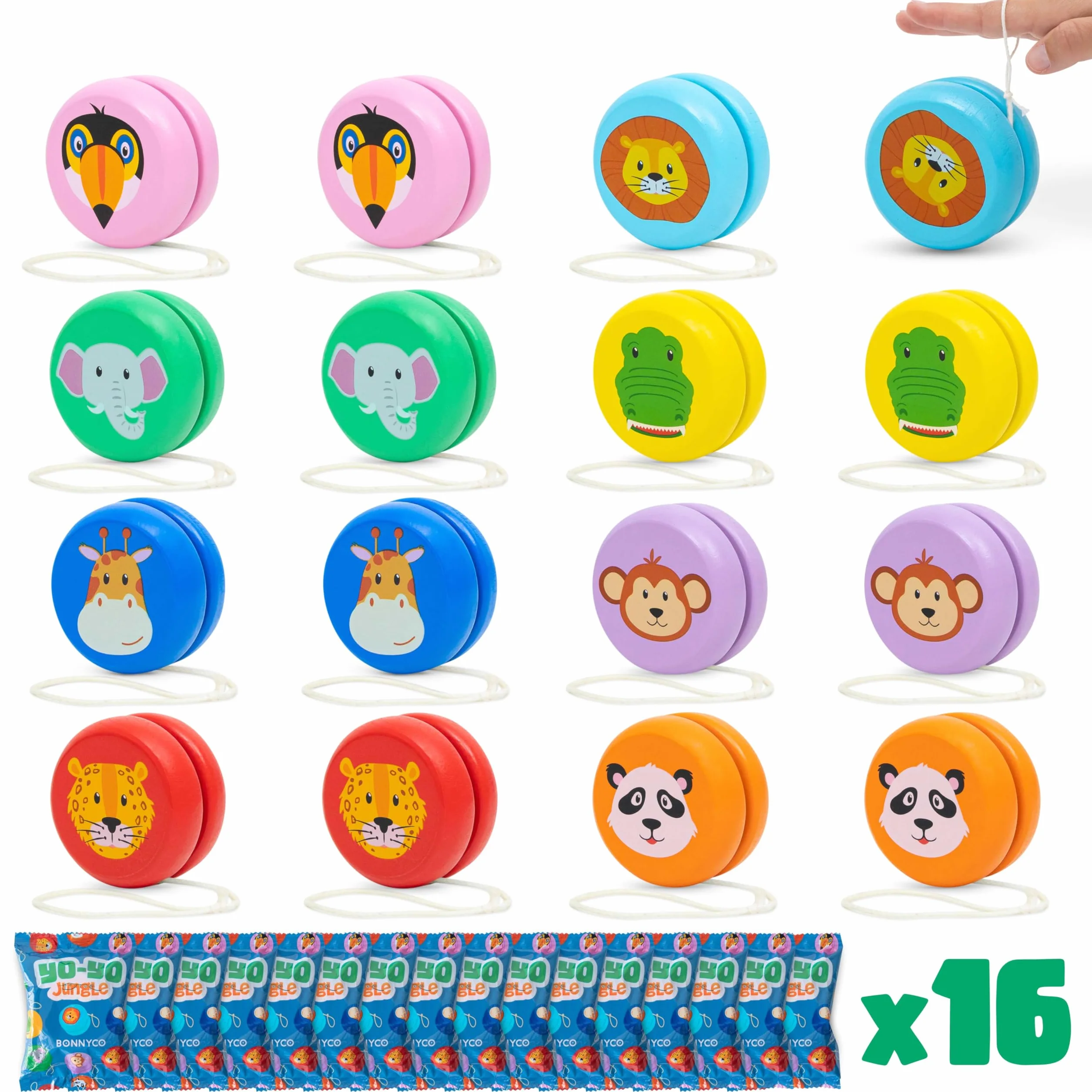BONNYCO Yoyo Enfant Lot 16 Pièces Animaux de la Jungle Bois Cadeau Anniversaire