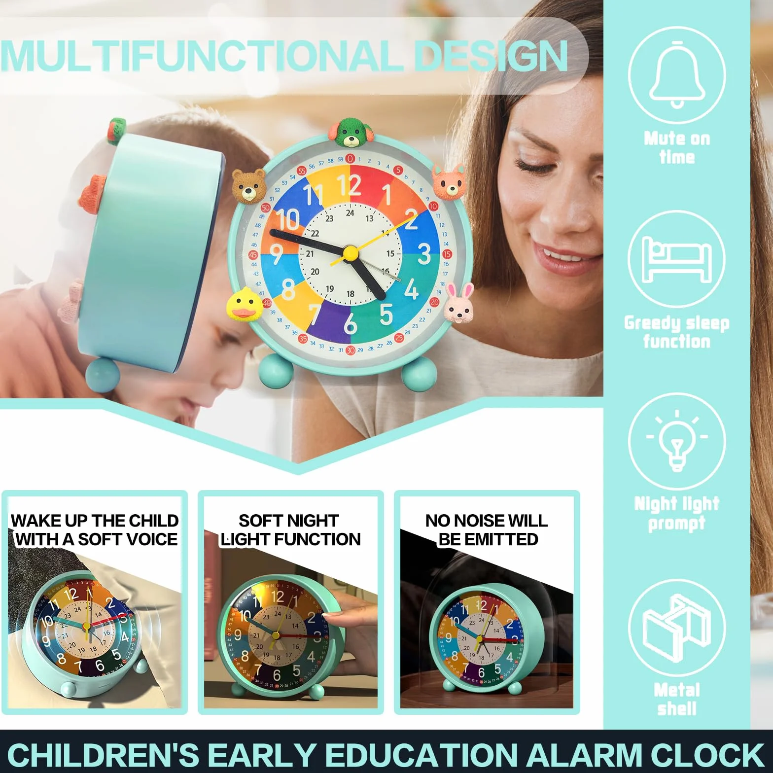 Reveil Enfant Educatif Jour/Nuit sans Tic-Tac avec Snooze et Veilleuse Vert