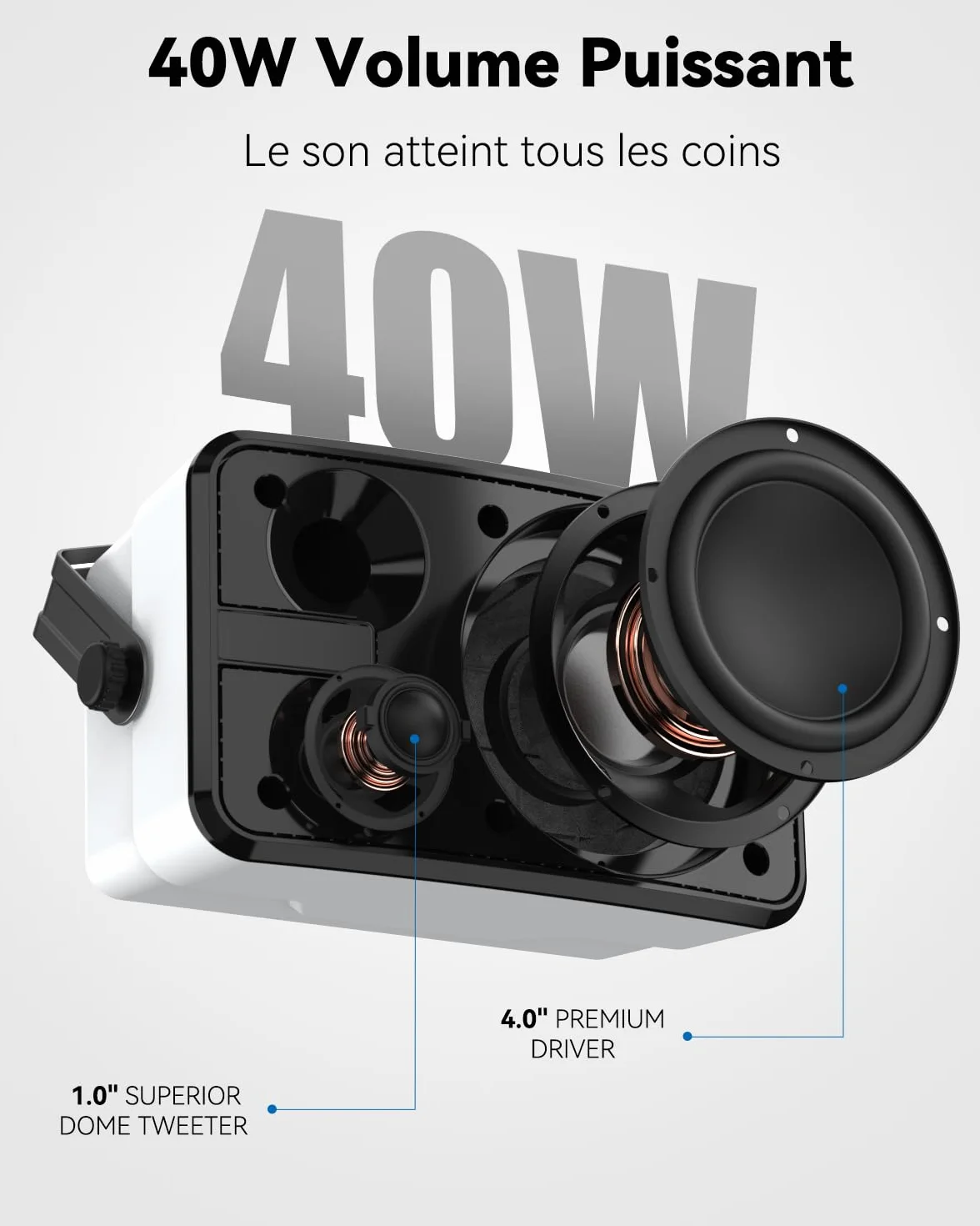 Enceintes Bluetooth Extérieures 400W, Basses Puissantes, Synchronisation sans Fil avec 100 Enceintes, Montage Mural, Paire, Blanc MZ-621
