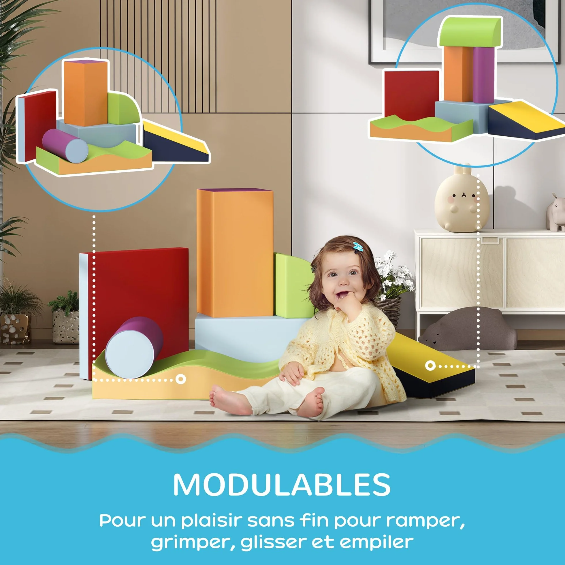 HOMCOM Parcours motricité bébé 7PCS Blocs Construction Mousse EPE Housse polyuréthane Jouets éducatifs Enfants Multicolore