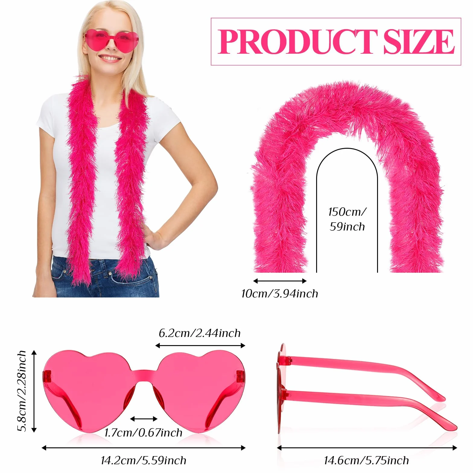 Sinmoe Boas en Plumes et Lunettes de Soleil en Forme de Cœur Ensemble de 16 Pièces pour Fête Mariage