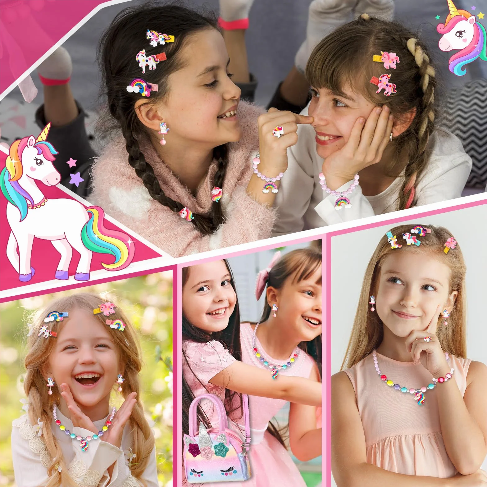 Licorne Sac à Main Bijoux Enfants Fille, Bagues, Boucles d'oreilles, Colliers, Bracelets, Épingles à Cheveux pour 1-6 Ans