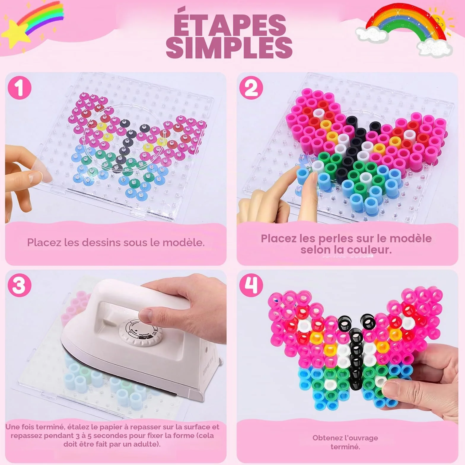 Perles à Repasser 10 mm Lot de 1200 avec Plaque Carrée et Motifs Créatifs pour Enfants