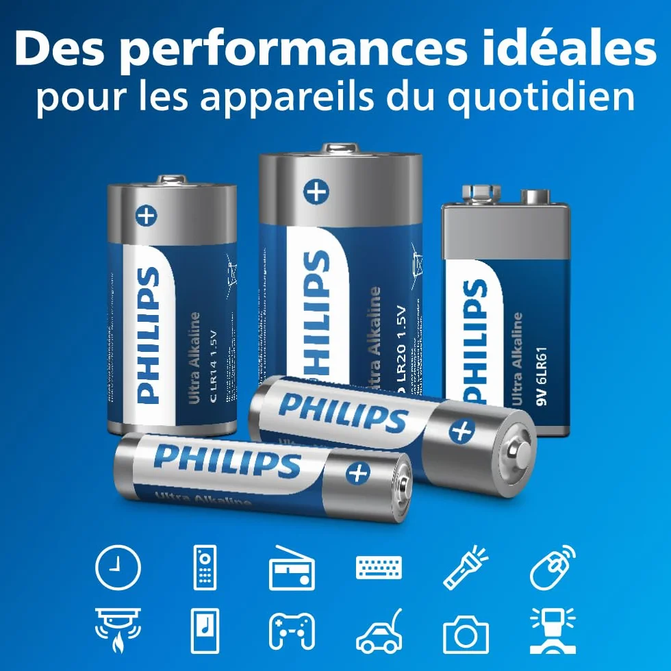 Philips Piles Alcalines D Ultra LR20 Haute Capacité Lot de 20