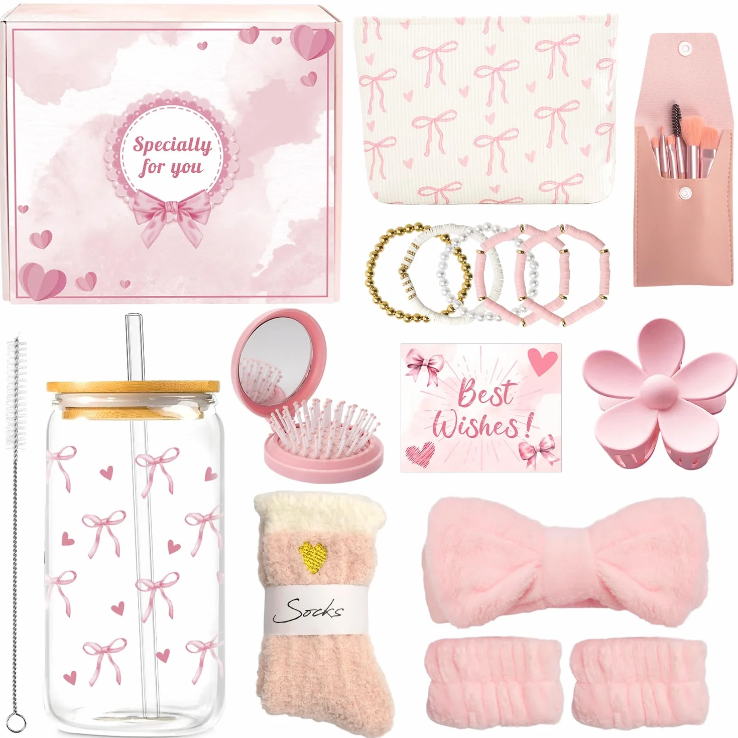 Cadeau Anniversaire Noël Fille Adolescent 9-16 Ans Tasse Verre Couvercle Pince Cheveux Pinceaux Maquillage Rose
