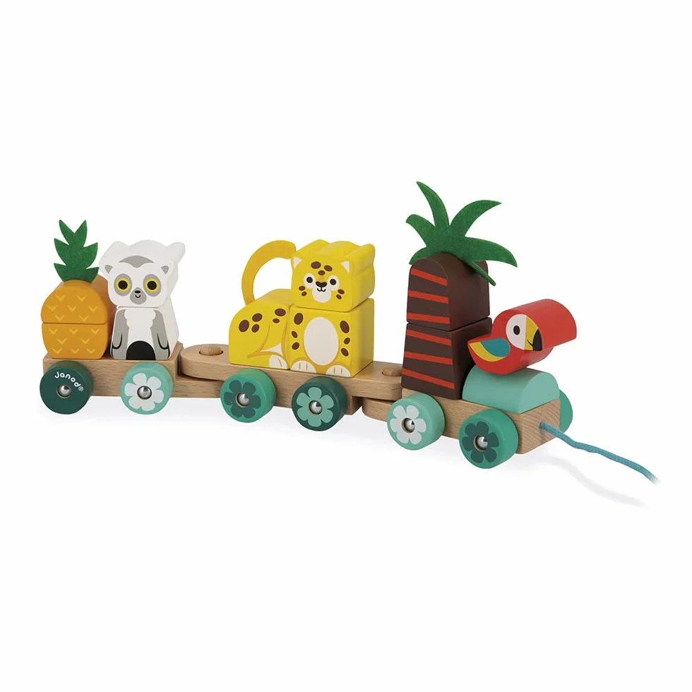 Janod Train Tropical à Tirer Tropik Jouet en Bois 11 Pièces 3 Wagons Motricité Coordination Main Œil FSC Dès 1 an