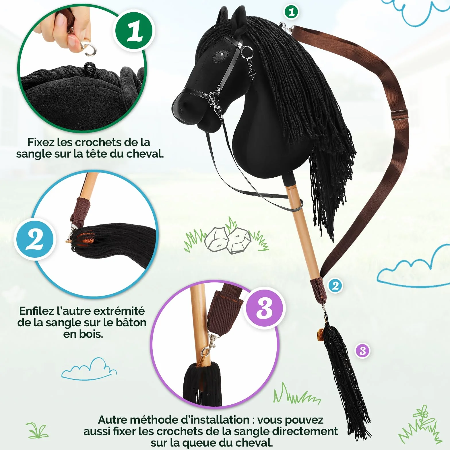 Charmofun Cheval Bâton Enfant, Hobby Horse Tête A3 avec Licol Peluche, Jouet Cheval Fille Garçon Marron