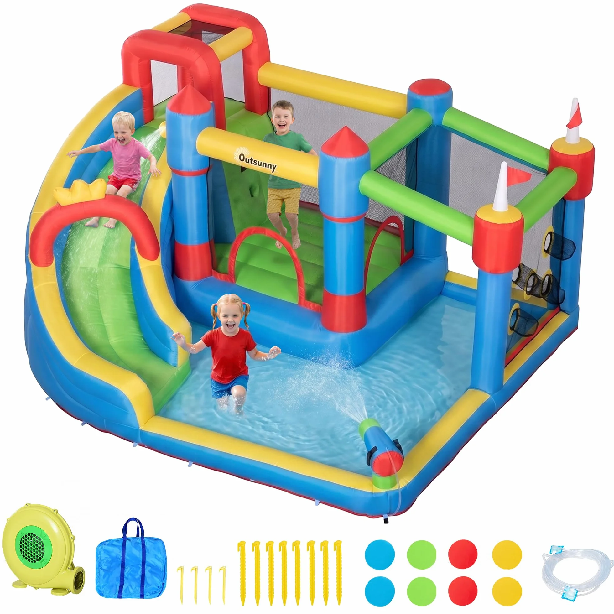 Outsunny Château Gonflable 6 en 1 Aire de Jeux avec Toboggan Trampoline Piscines 390 x 300 x 197 cm Multicolore