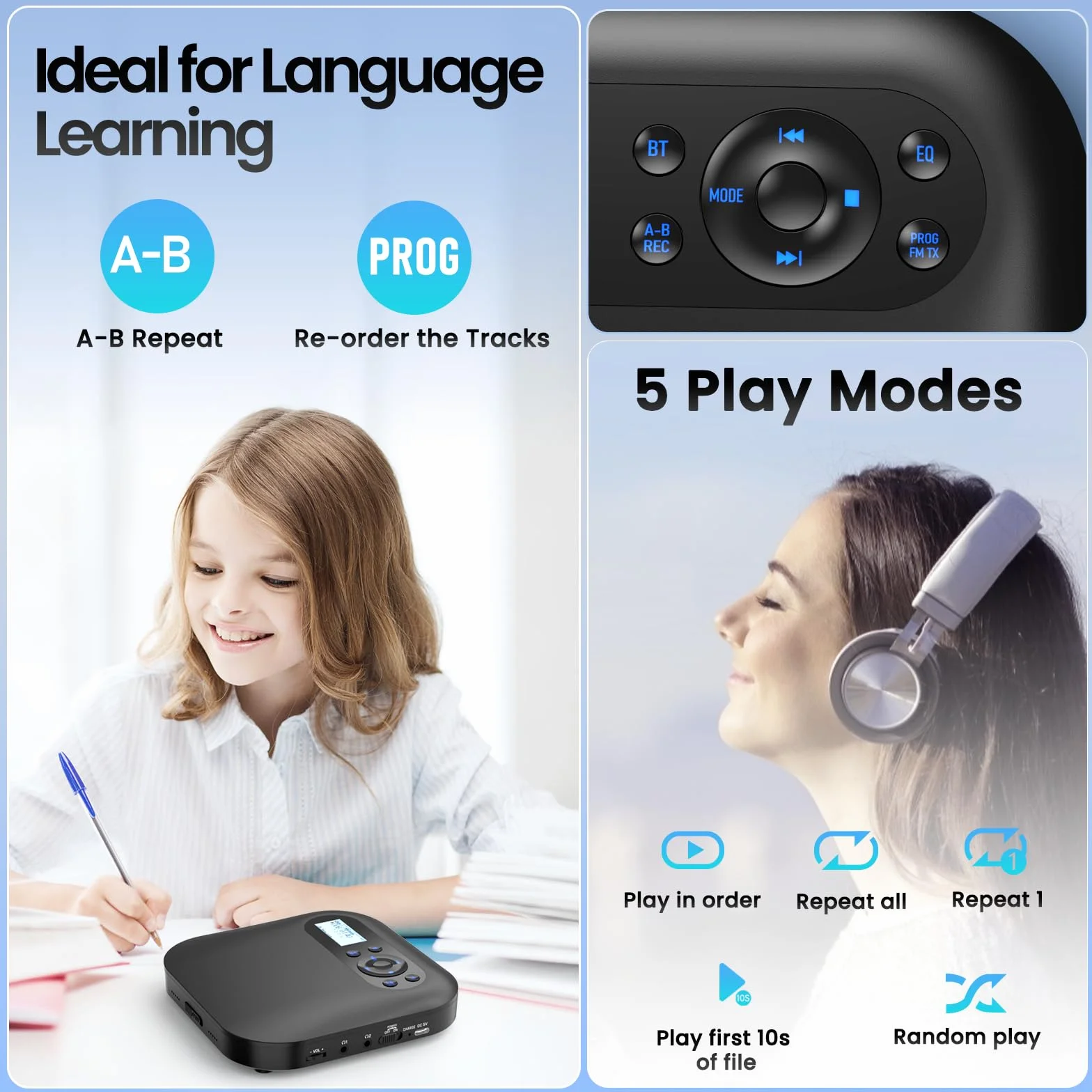 Lecteur CD Portable Bluetooth Rechargeable Discman FM Haut-parleurs Stéréo Anti-Saut