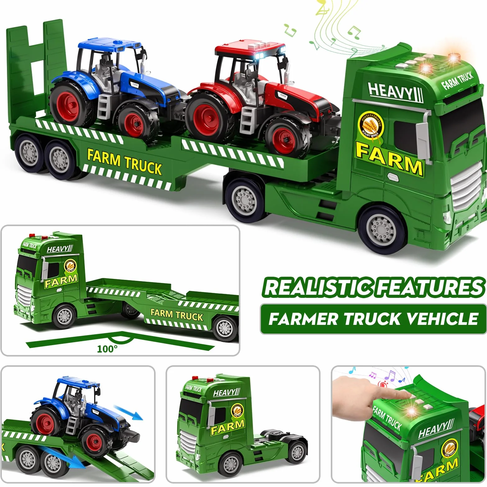 Tacobear Tracteur Jouet avec Sons et Lumières Remorque Amovible Cadeau pour Garçon 3 4 5 6 Ans