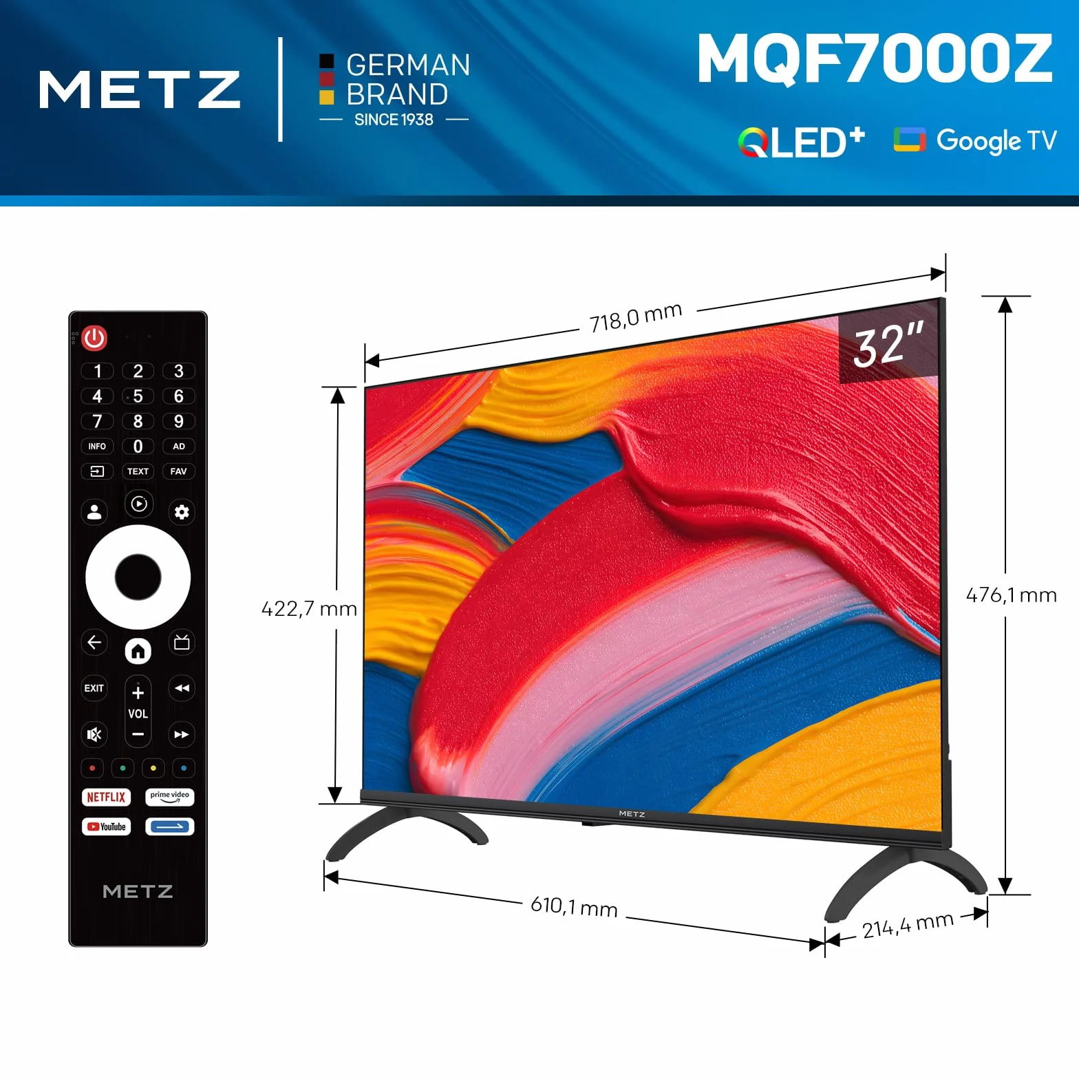 Metz 32 Pouces Smart TV LED QLED HDR 10 Dolby Audio Bluetooth 5.1 EyeCare DVB-T/T2/C/S/S2 CI+ 32MQF7000Z