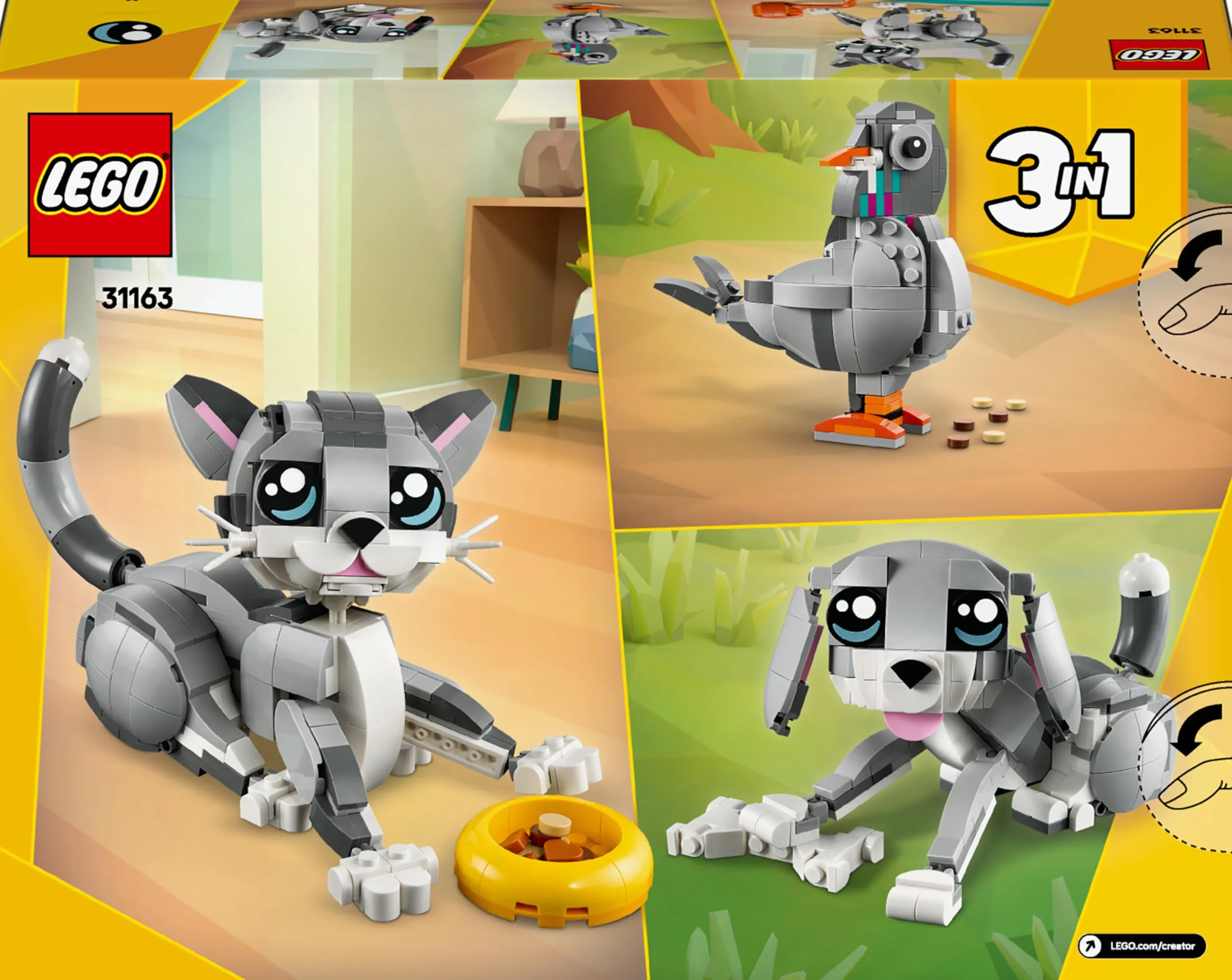LEGO Creator 3-en-1 Le Chat Joueur 31163 Figurine Animal Transformable Chien Pigeon Cadeau Enfant 8 Ans