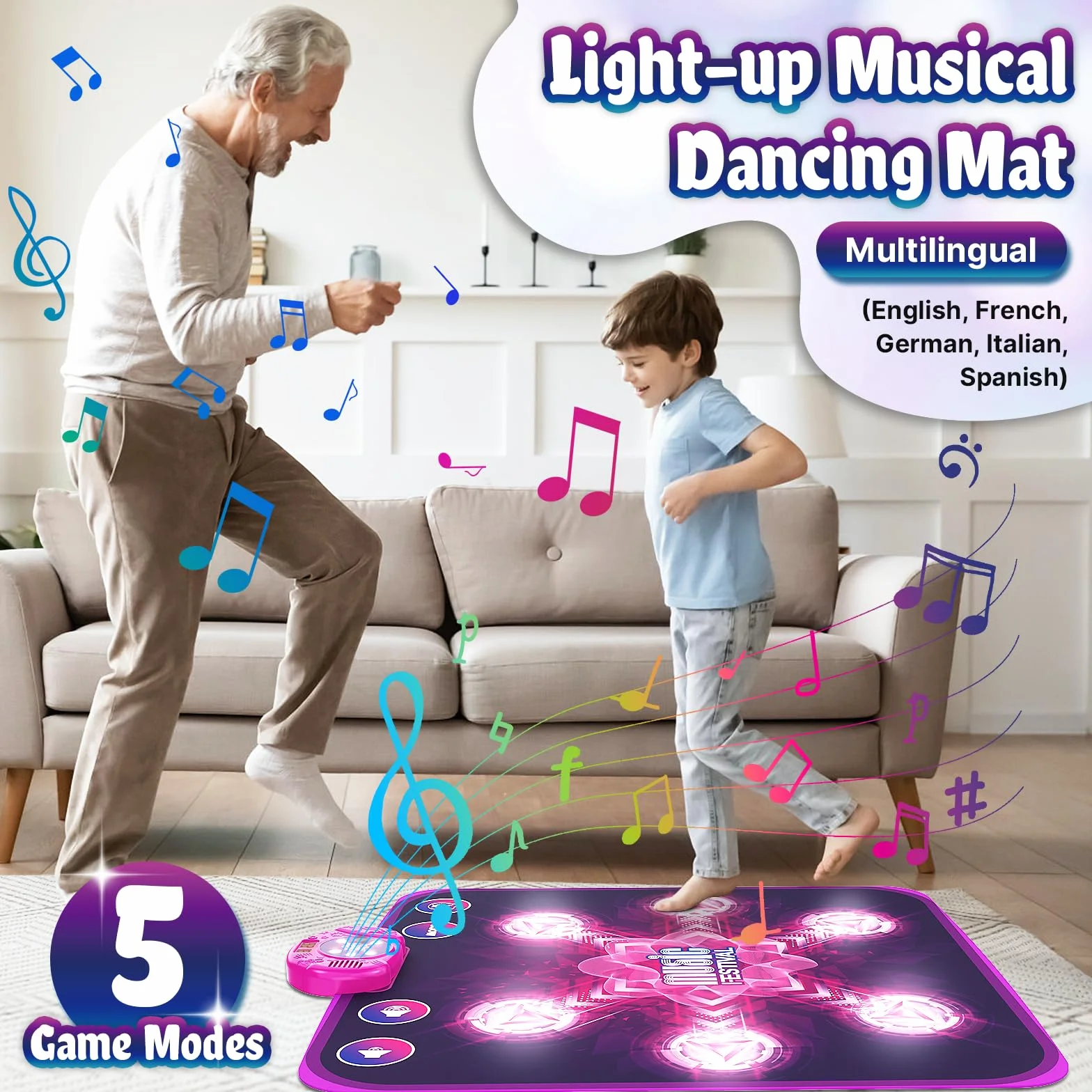 Tapis de Danse Musical pour Enfants avec 6 Flèches LED, 5 Modes de Jeu, Cadeau Anniversaire Noël 3-10+