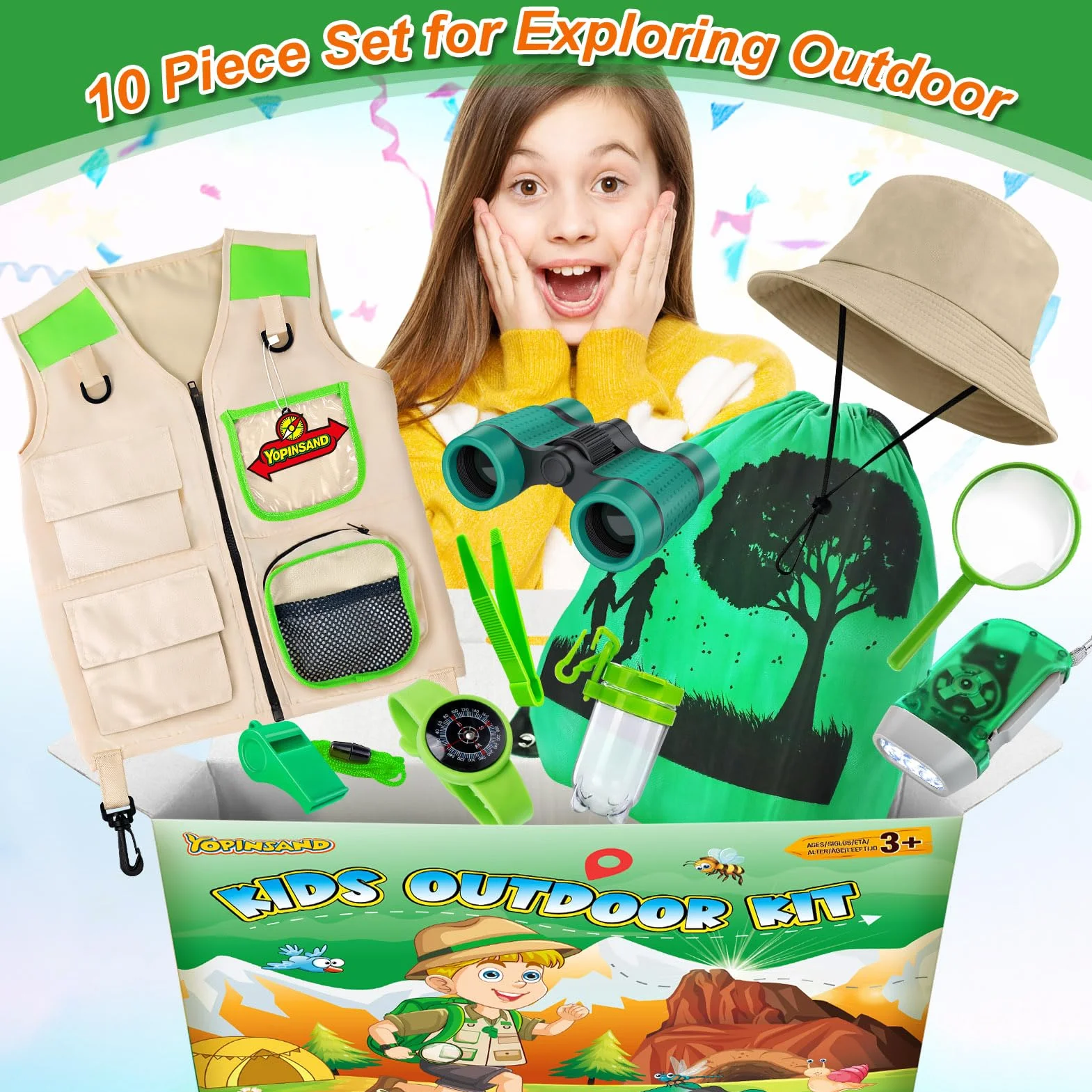 Kit d'exploration pour enfants avec sac à dos, jumelles, gilet et chapeau, jouet de plein air