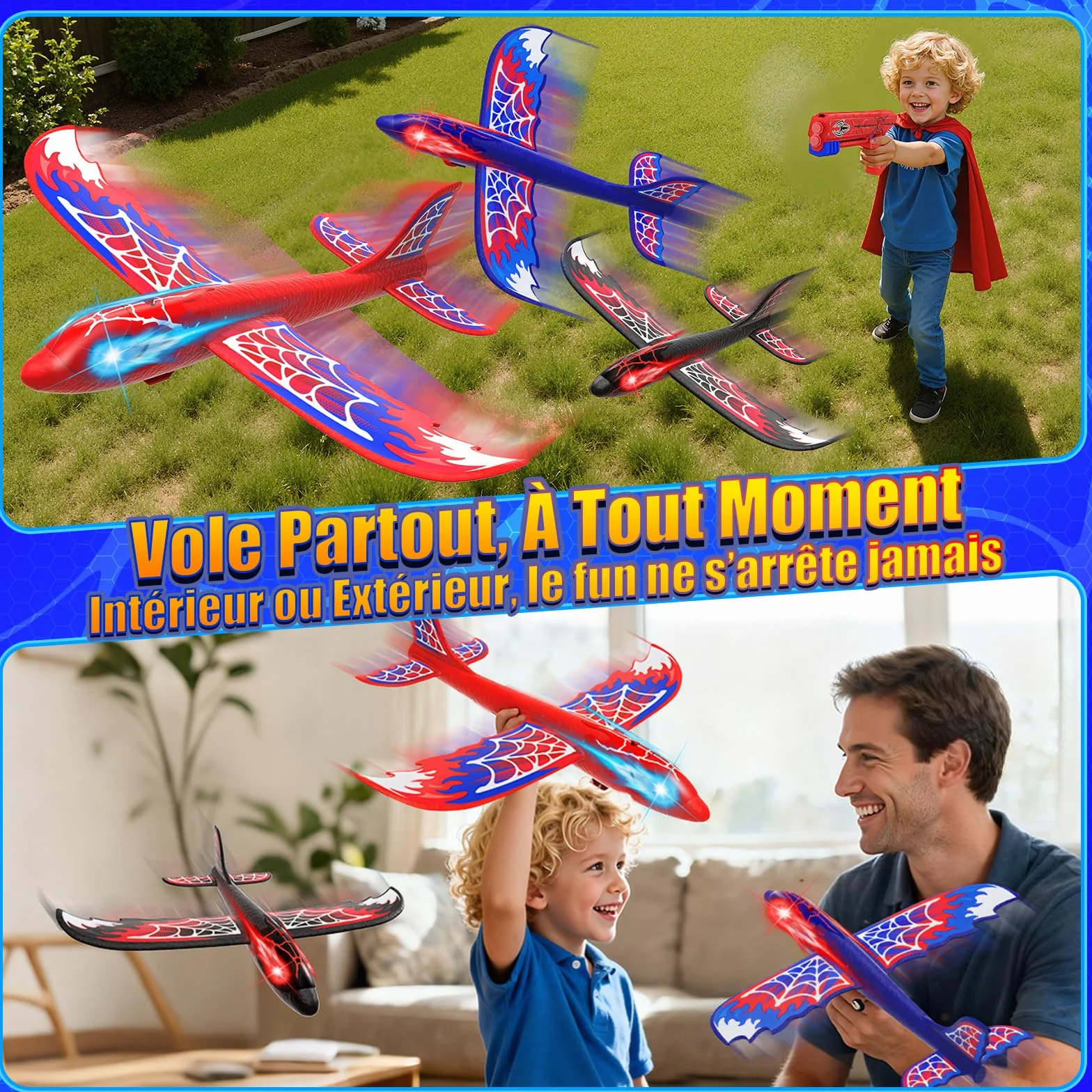 Avion Jouet Enfant 3-12 Ans, 3 Avion Planeur avec Yeux Lumineux & Ailes Toile, Jouet Garçon Cadeau Noël Anniversaire