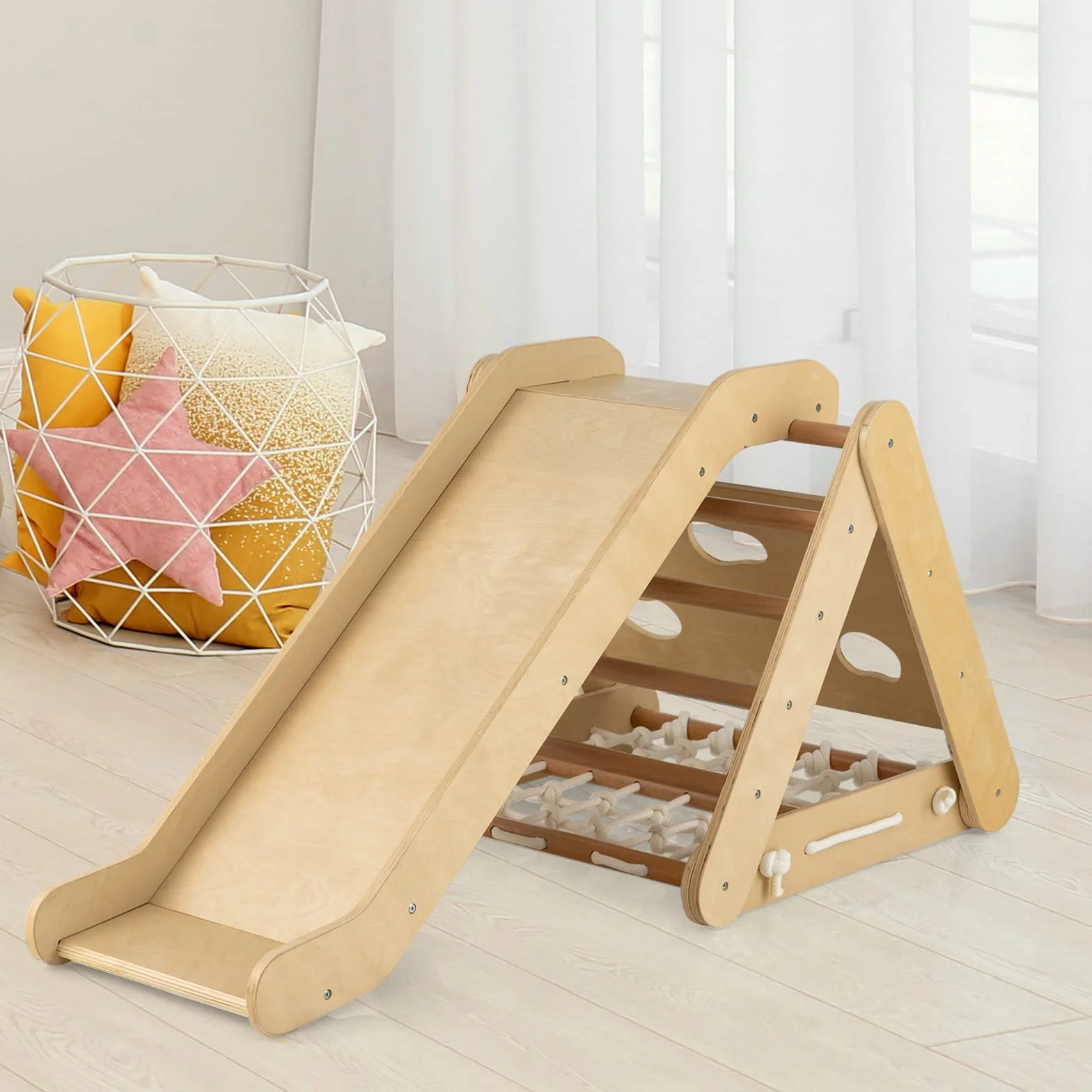 GOPLUS Triangle d'Escalade Montessori Enfants avec Filet à Grimper, Planche et Échelle, Toboggan, Charge 50KG, Aire de Jeux Intérieur pour Bébé 1 an+
