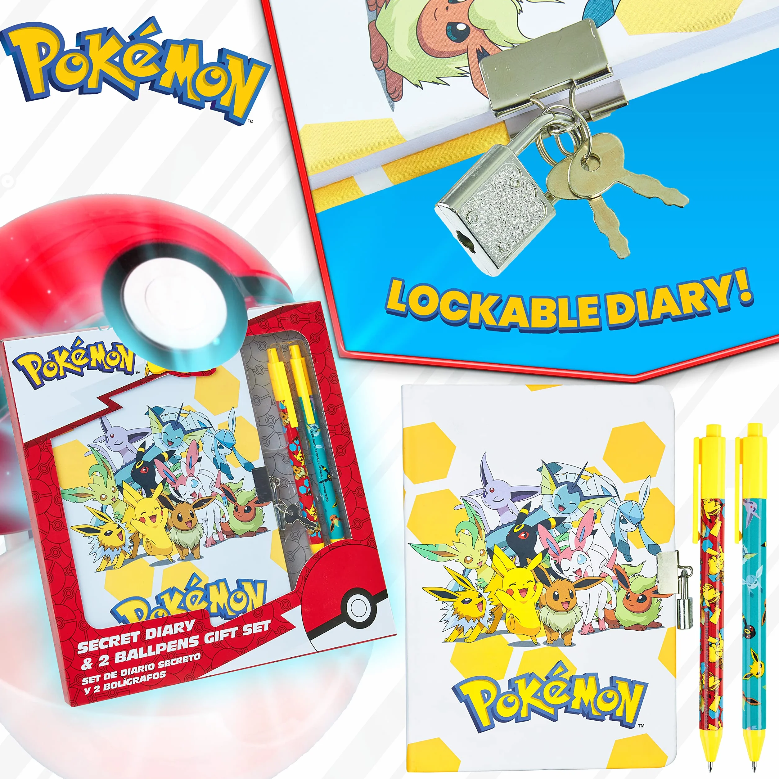 Pokémon Ensemble de Fournitures de Papeterie – Journal Avec Cadenas, Carnet, Trousse, Stylos Jaune/Blanc