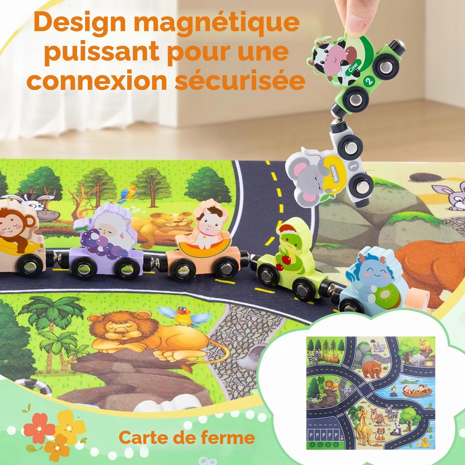 Train d'animaux magnétiques en bois Montessori lot de 13 jouet éducatif 1 2 3 ans