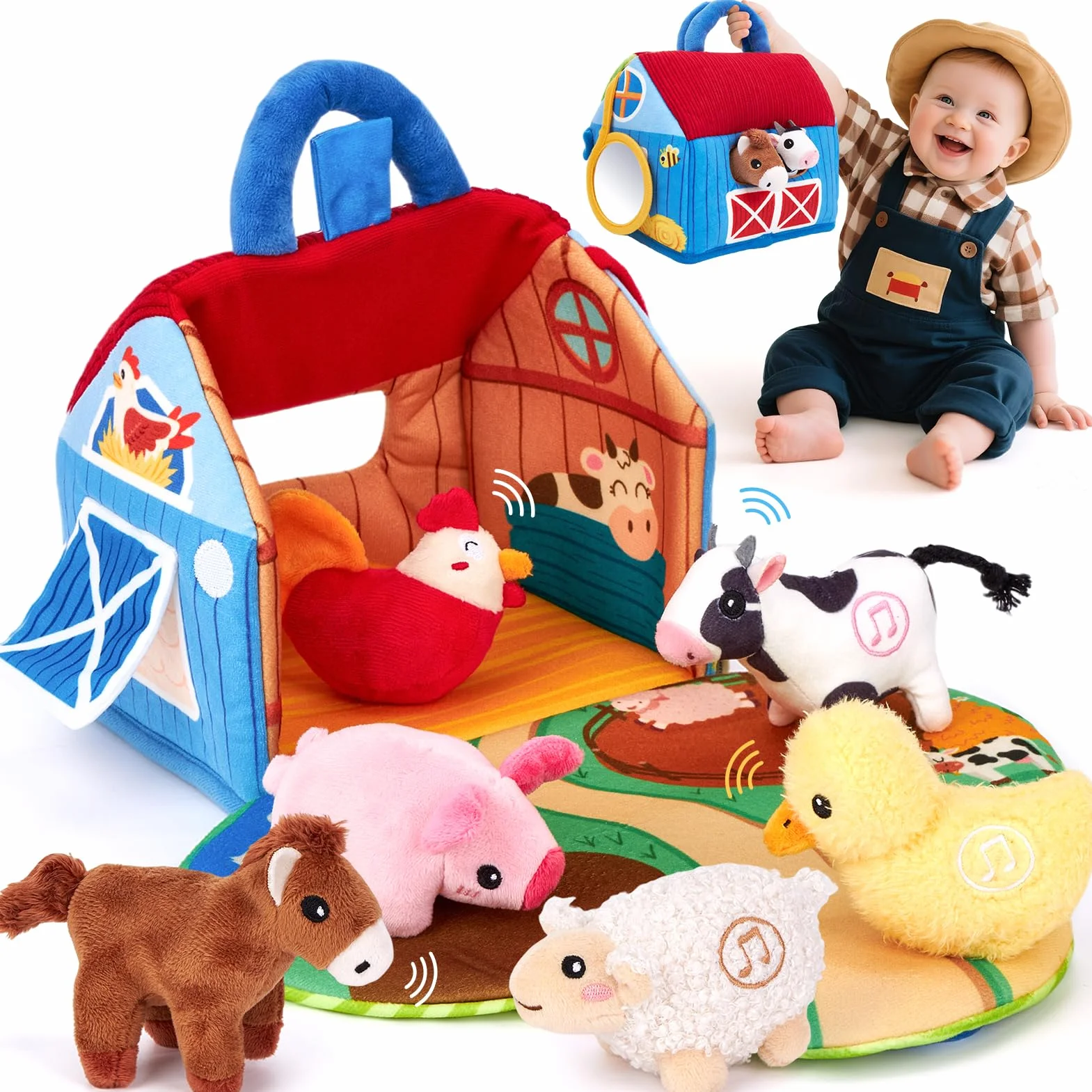 hahaland Jouets pour Bébé 6-12 Mois - Jouet de Ferme Animal en Peluche avec Vrais Sons, Jouets Montessori Sensoriel Cadeau Enfant