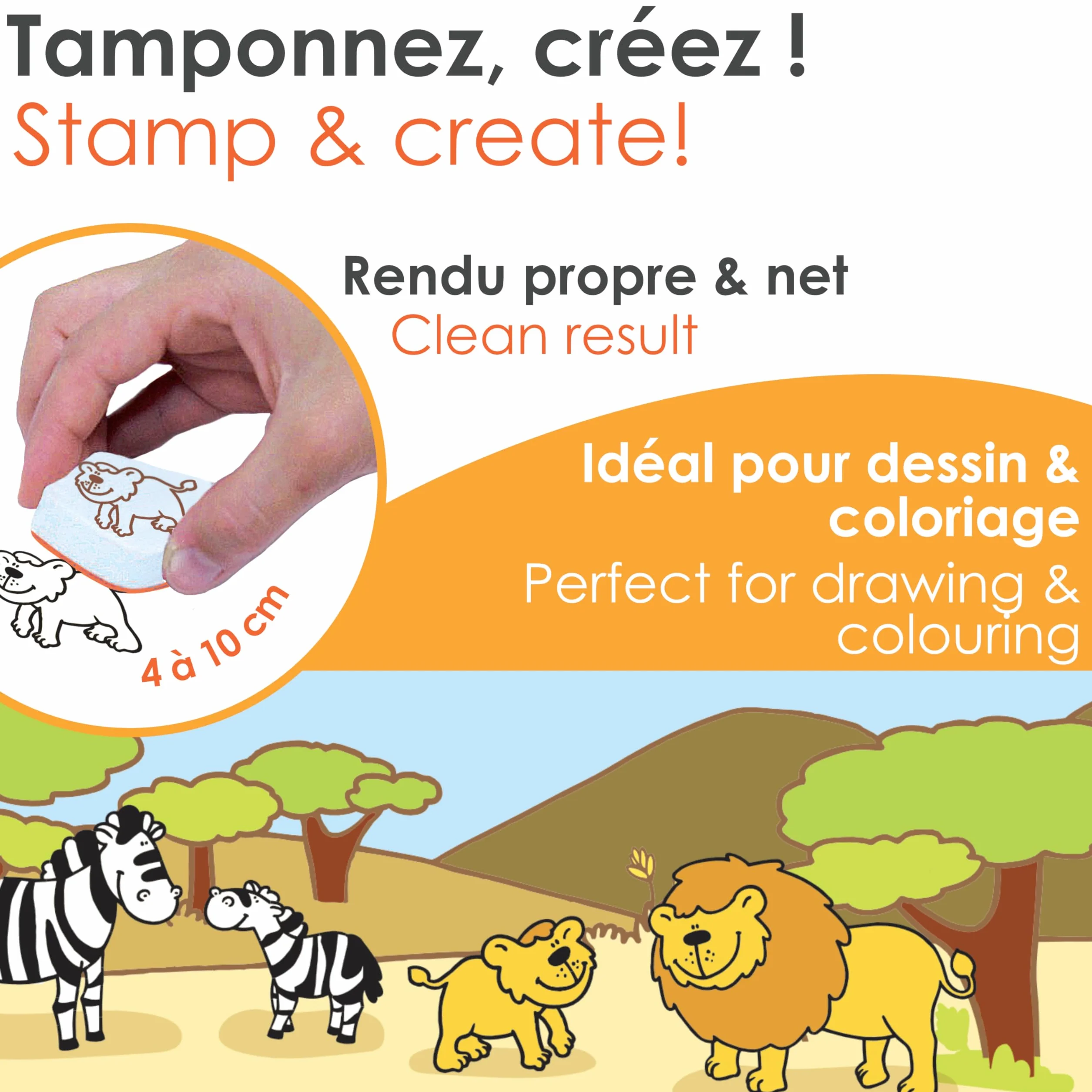 Aladine Stampominos 10 Tampons Animaux de la Savane Encre Lavable Enfant dès 3 ans Lion Girafe Éléphant