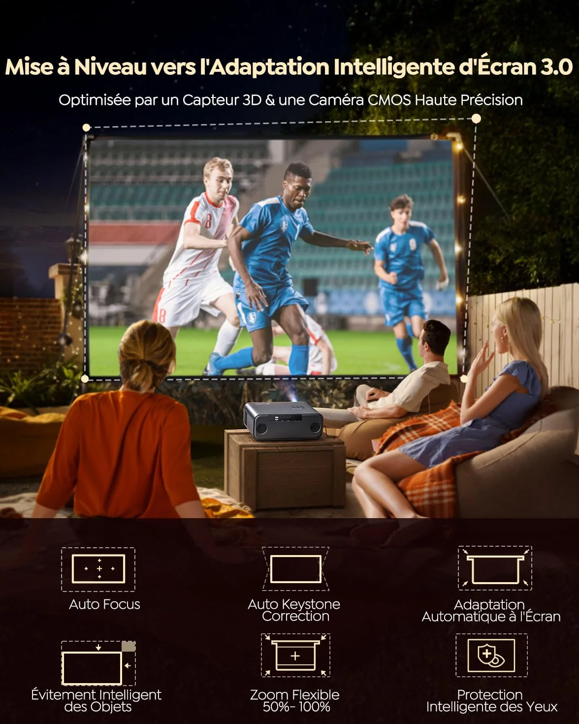Vidéoprojecteur 4K 1400 ANSI Dolby Netflix Auto Focus Keystone WiFi Bluetooth HDR10 Smart Portable WiFi6