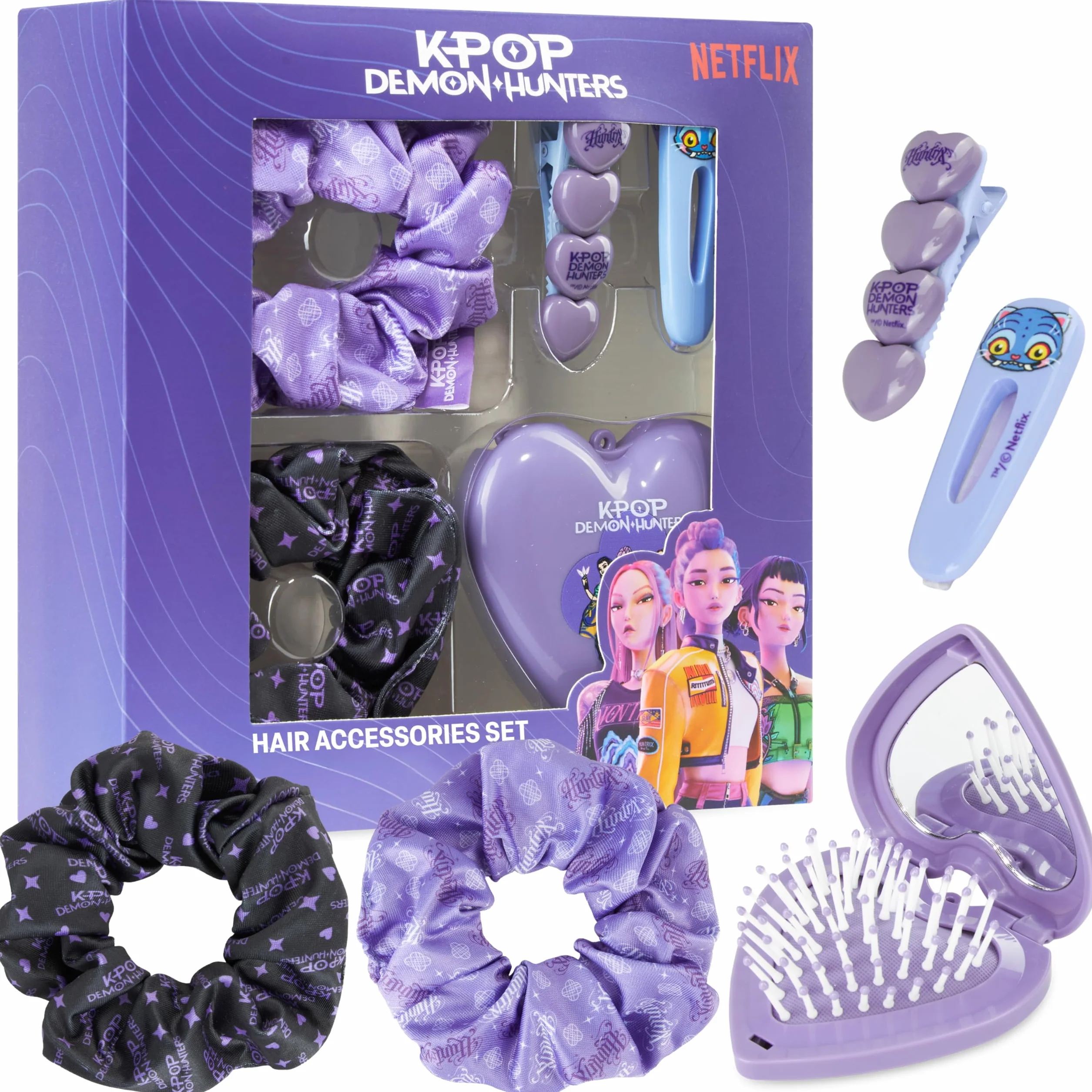 Huntrix Accessoire Cheveux Fille Set 5 Pièces Pince Elastique Chouchou Brosse Cheveux Miroir