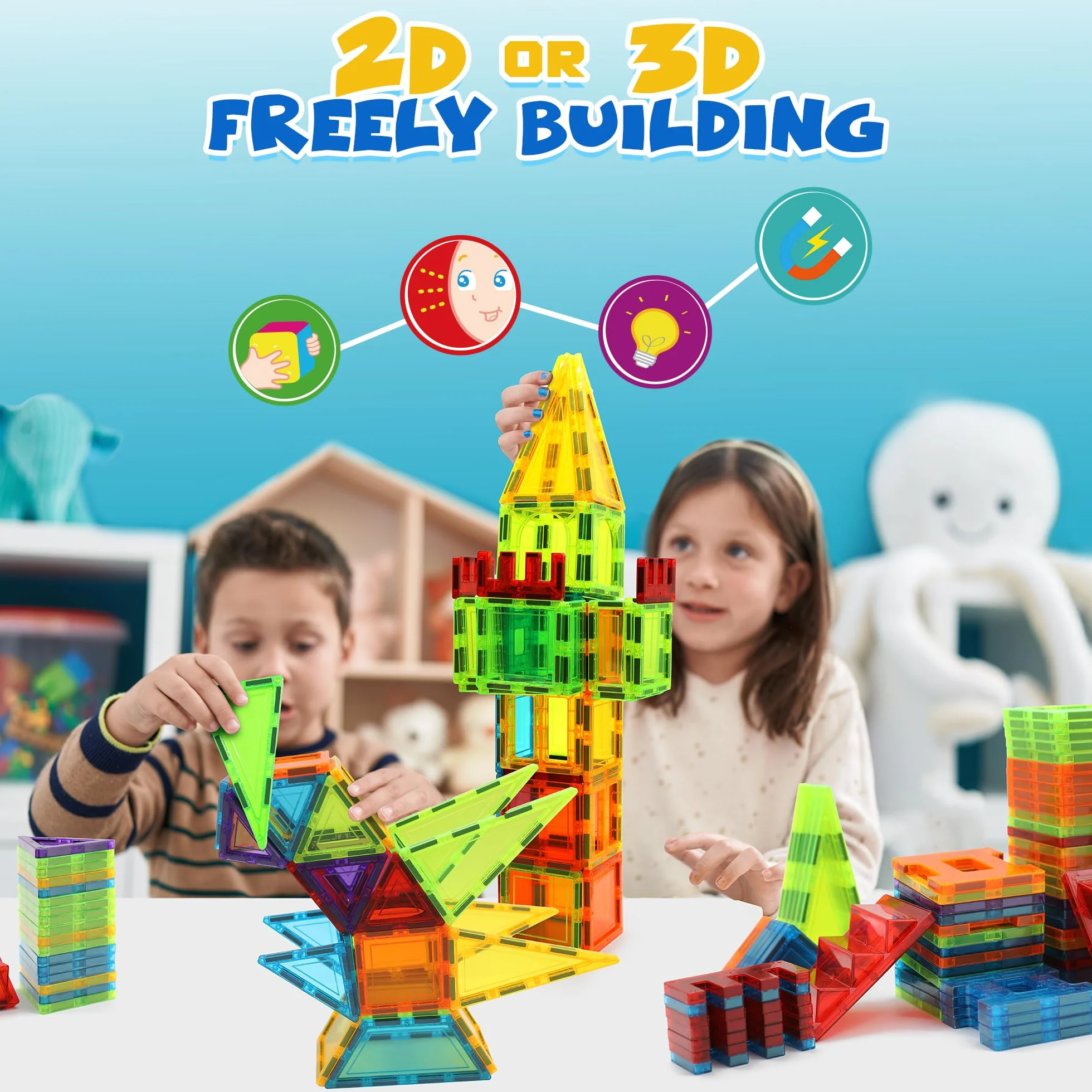 Blocs de Construction Magnétiques 131 PCS avec 2 Voitures, Jouets pour Enfants 3-8 Ans Multicolore