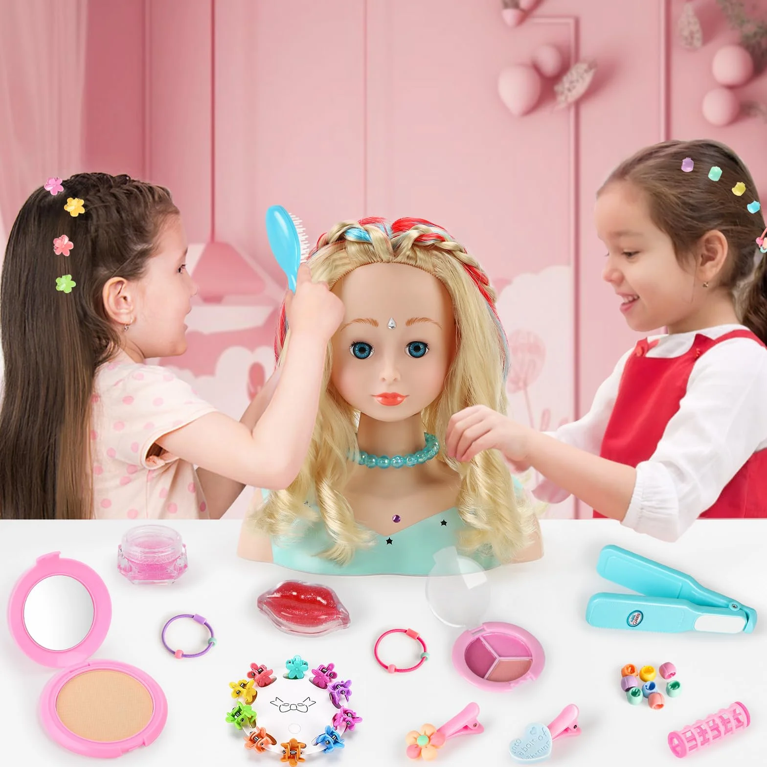 BuzzoXerex Têtes à Coiffer Enfant 58 Pièces Jouet de Maquillage et Coiffure Cadeau Anniversaire Noël 3 Ans Bleu