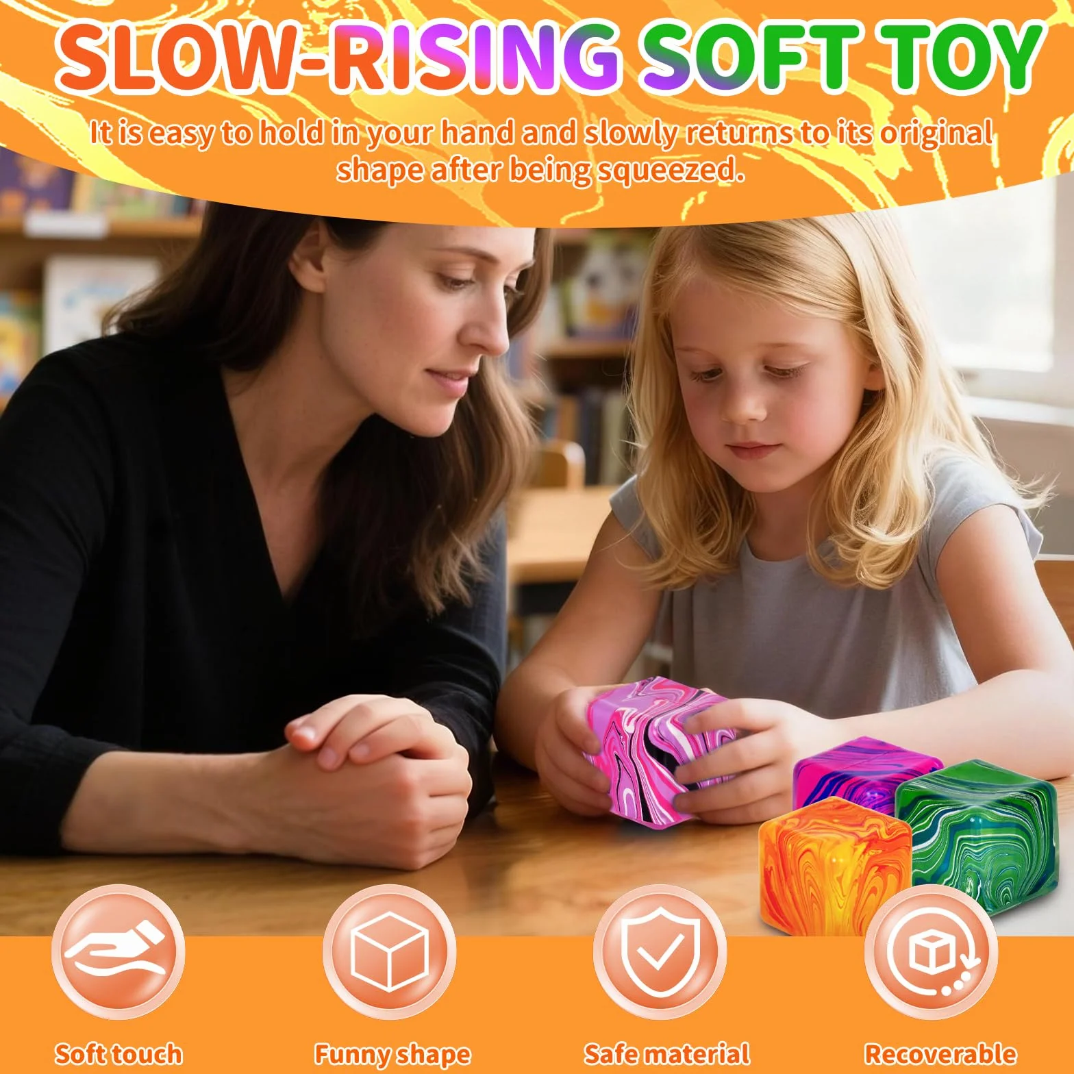 Graphinza Squeeze Toys Medium 1.97in Soft Relief Cube for Autism Stress Relief, Balls for Adults Children Classroom Prizes (4 PCS)