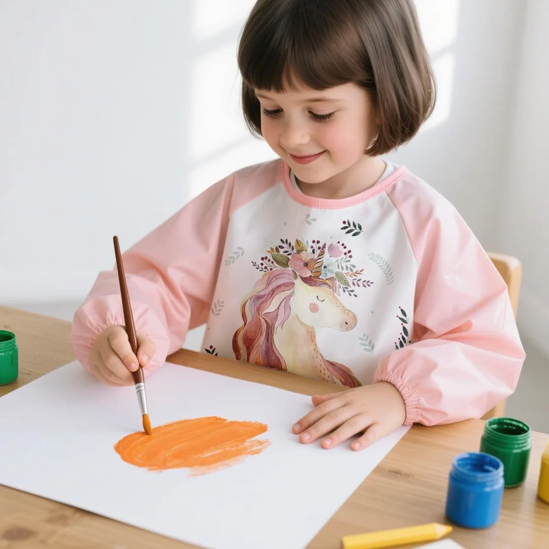 Tablier Peinture Enfant 3-8 Ans Imperméable Manches Longues 3 Poches Licorne Dino Animal