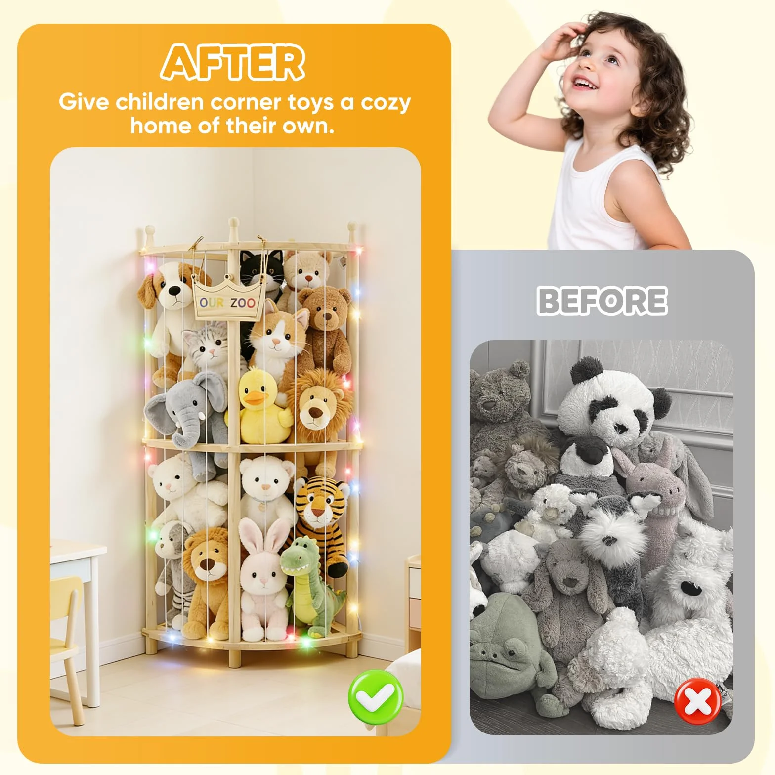 OUR ZOO Rangement d'angle pour doudou avec guirlandes lumineuses, double couche, bois, 90 cm, organisateur de jouets